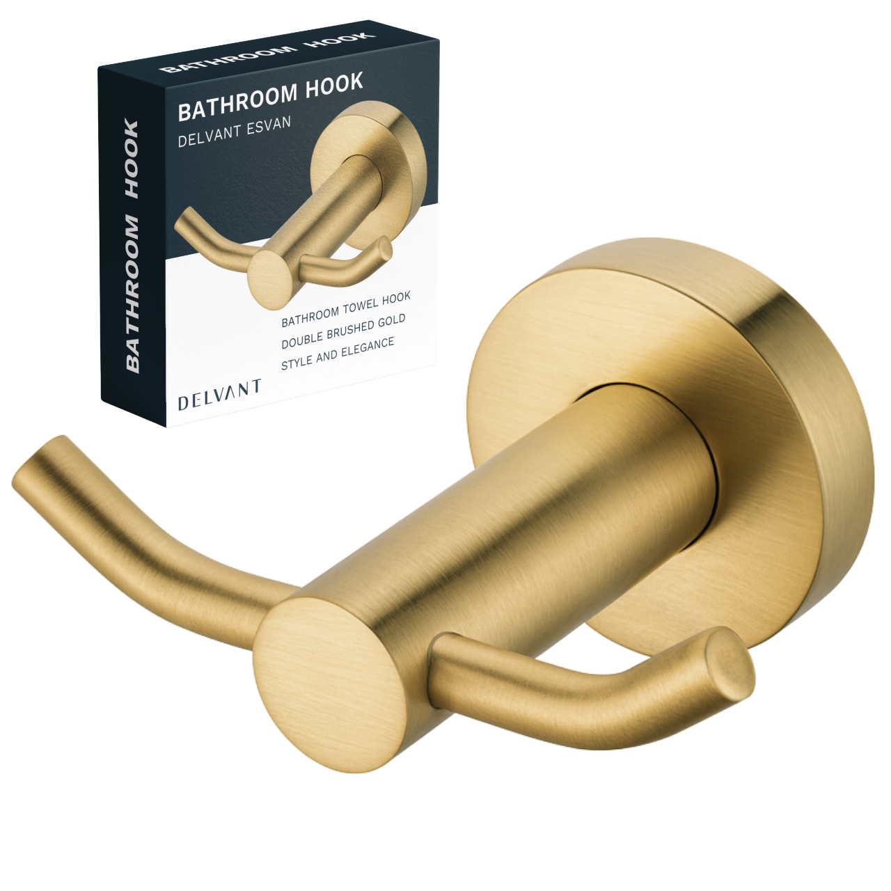 Złoty, podwójny haczyk ścienny do łazienki z okrągłą podstawą. Obok znajduje się pudełko z napisem: \'BATHROOM HOOK DELVANT ESVAN, BATHROOM TOWEL HOOK DOUBLE BRUSHED GOLD STYLE AND ELEGANCE\'.