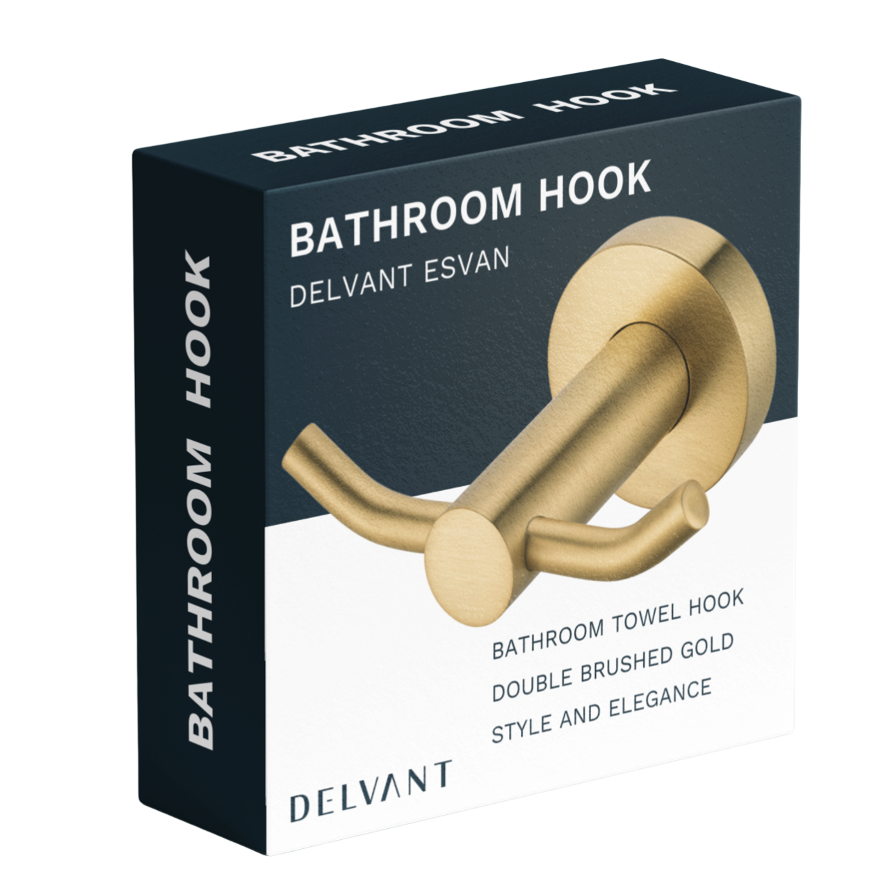Opakowanie produktu z napisem \'BATHROOM HOOK DELVANT ESVAN\'. Widoczny jest złoty, podwójny haczyk na ręczniki oraz tekst: \'BATHROOM TOWEL HOOK DOUBLE BRUSHED GOLD STYLE AND ELEGANCE\'.