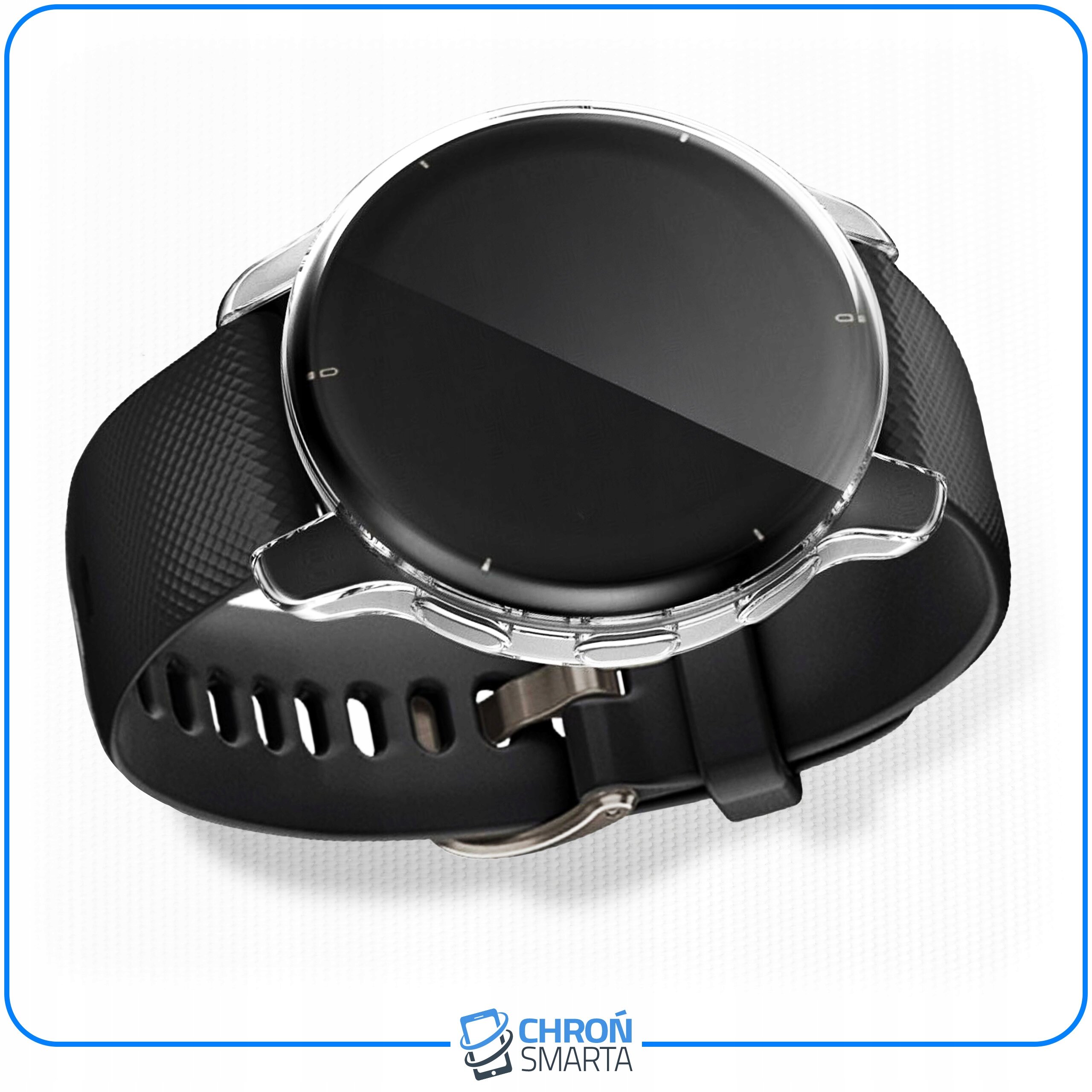 Na obrazie widoczny jest smartwatch z czarnym paskiem i srebrnym etui ochronnym. Na dole znajduje się logo \'CHROŃ SMARTA\'.