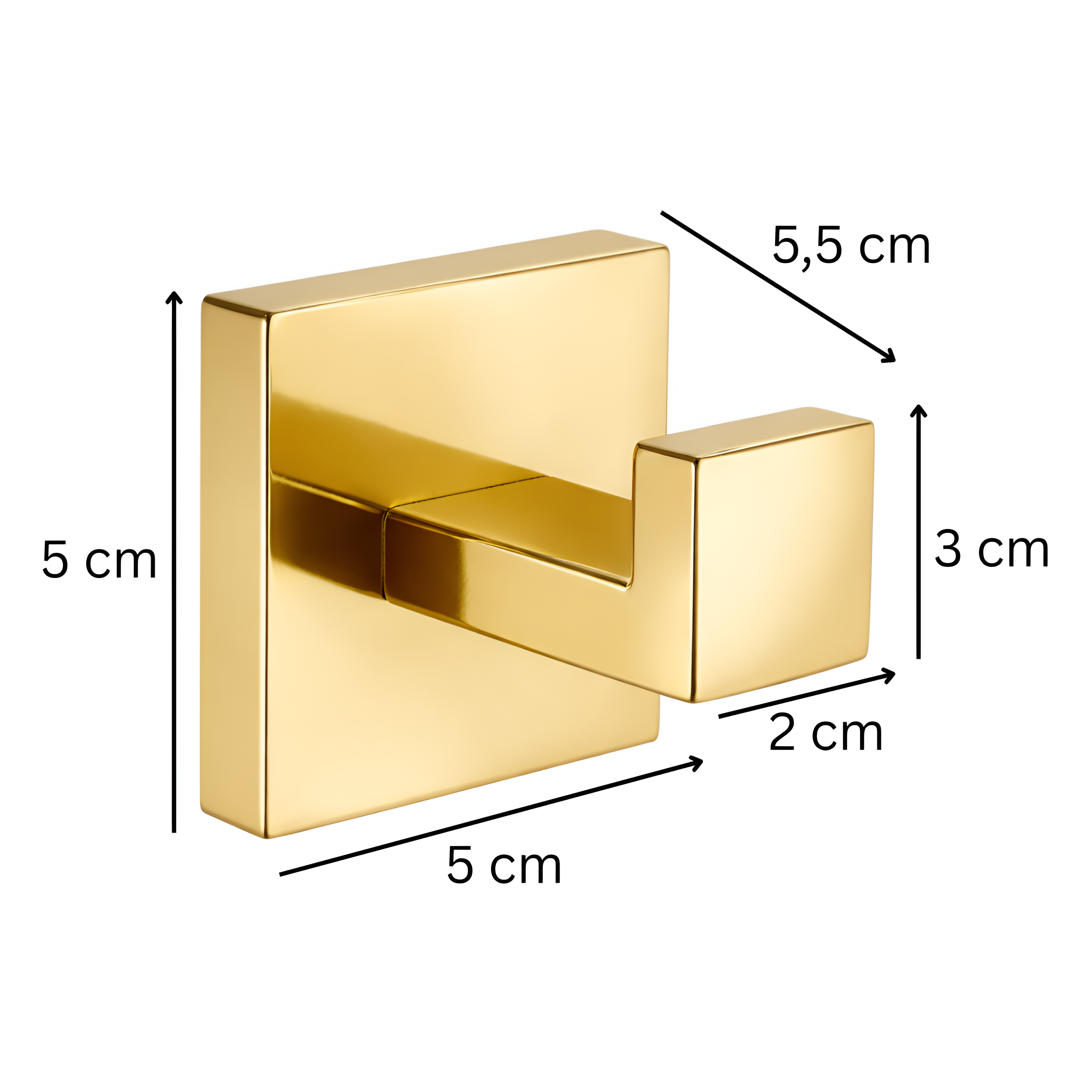 Złoty, połyskujący wieszak na ręcznik o kwadratowej podstawie z haczykiem. Wymiary: 5 cm x 5 cm, haczyk 5,5 cm długości, 3 cm wysokości, 2 cm szerokości.
