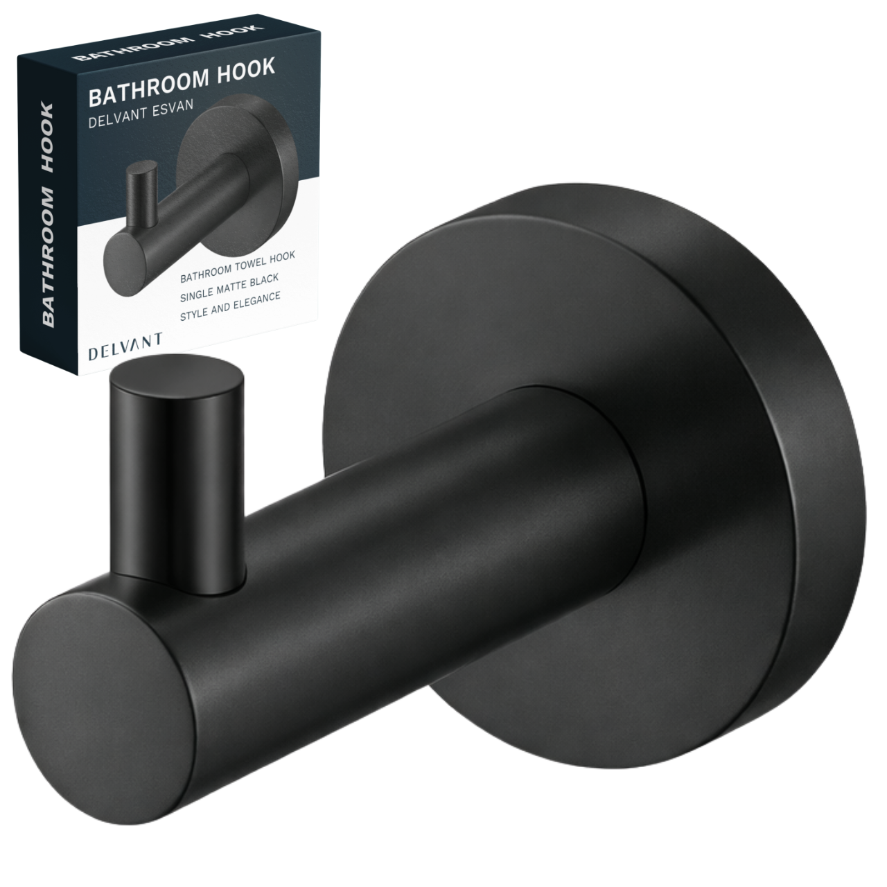 Czarny, matowy wieszak łazienkowy na ręcznik o prostym, cylindrycznym kształcie. Obok znajduje się opakowanie z napisem: \'BATHROOM HOOK DELVANT ESVAN BATHROOM TOWEL HOOK SINGLE MATTE BLACK STYLE AND ELEGANCE DELVANT\'.