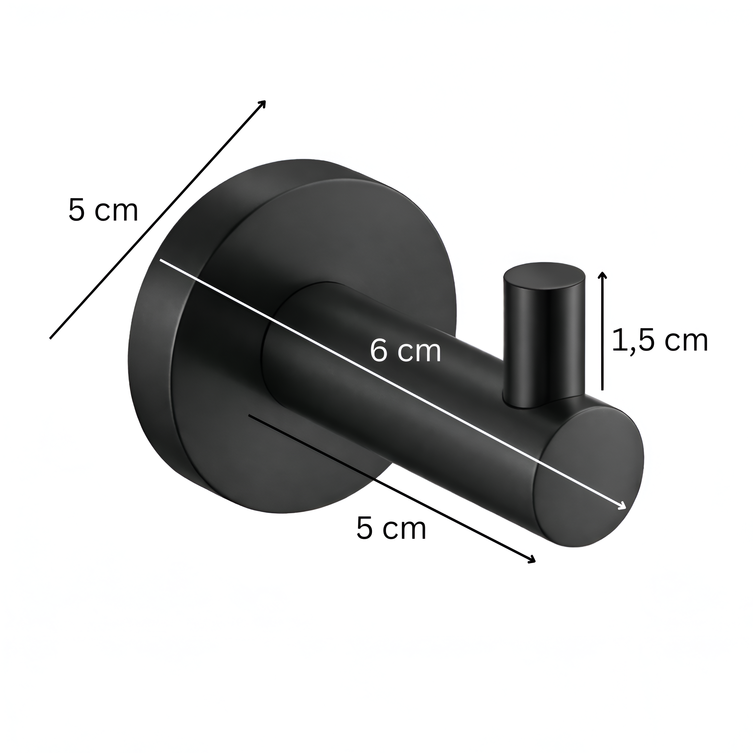 Czarny, pojedynczy haczyk ścienny o wymiarach: długość 6 cm, średnica podstawy 5 cm, wysokość haczyka 1,5 cm.