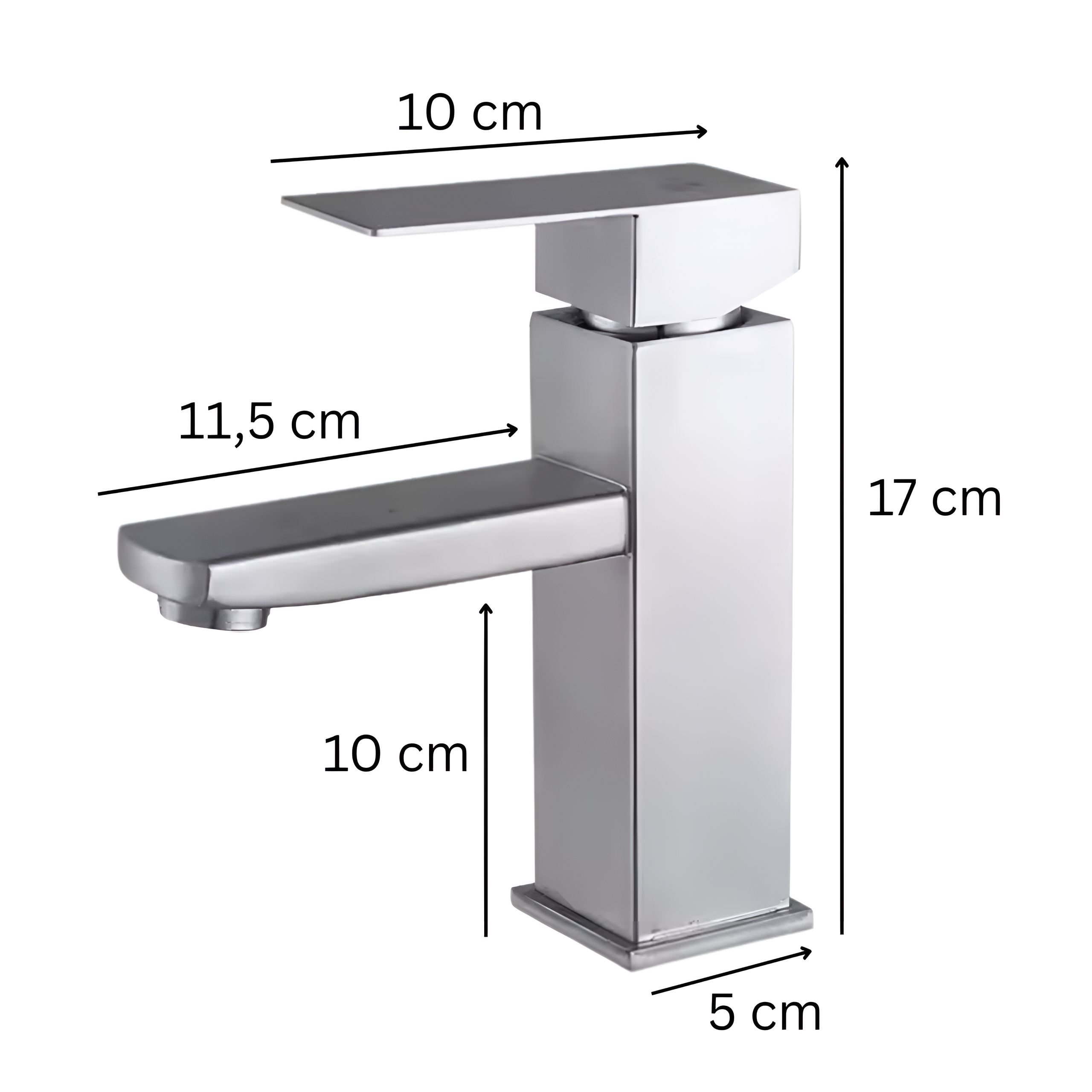 Srebrna bateria umywalkowa o prostokątnym kształcie z wymiarami: wysokość 17 cm, długość wylewki 11,5 cm, szerokość podstawy 5 cm, długość uchwytu 10 cm. Produkt jest nablatowy i ma nowoczesny design.