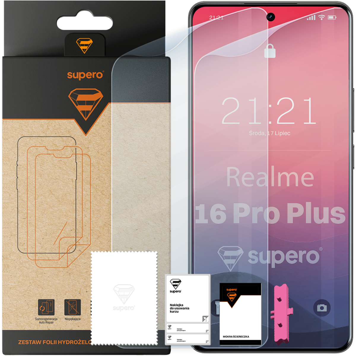 Na obrazie widoczna jest folia hydrożelowa na telefon Realme 16 Pro Plus oraz opakowanie z logo \'supero\'. Obok znajduje się ściereczka z logo, naklejka do usuwania kurzu i mokra ściereczka.