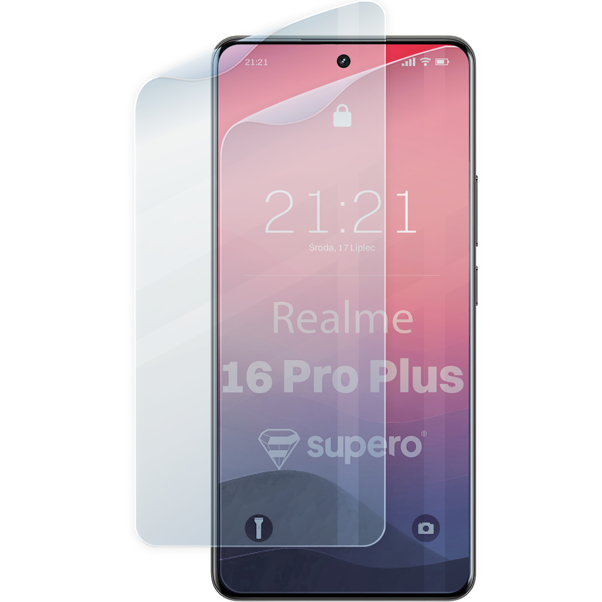 Na obrazie widoczny jest smartfon z nałożoną folią ochronną na ekranie, z napisem \'Realme 16 Pro Plus\' oraz logo \'supero\'. Ekran telefonu wyświetla godzinę 21:21 i datę Środa, 17 Lipiec.