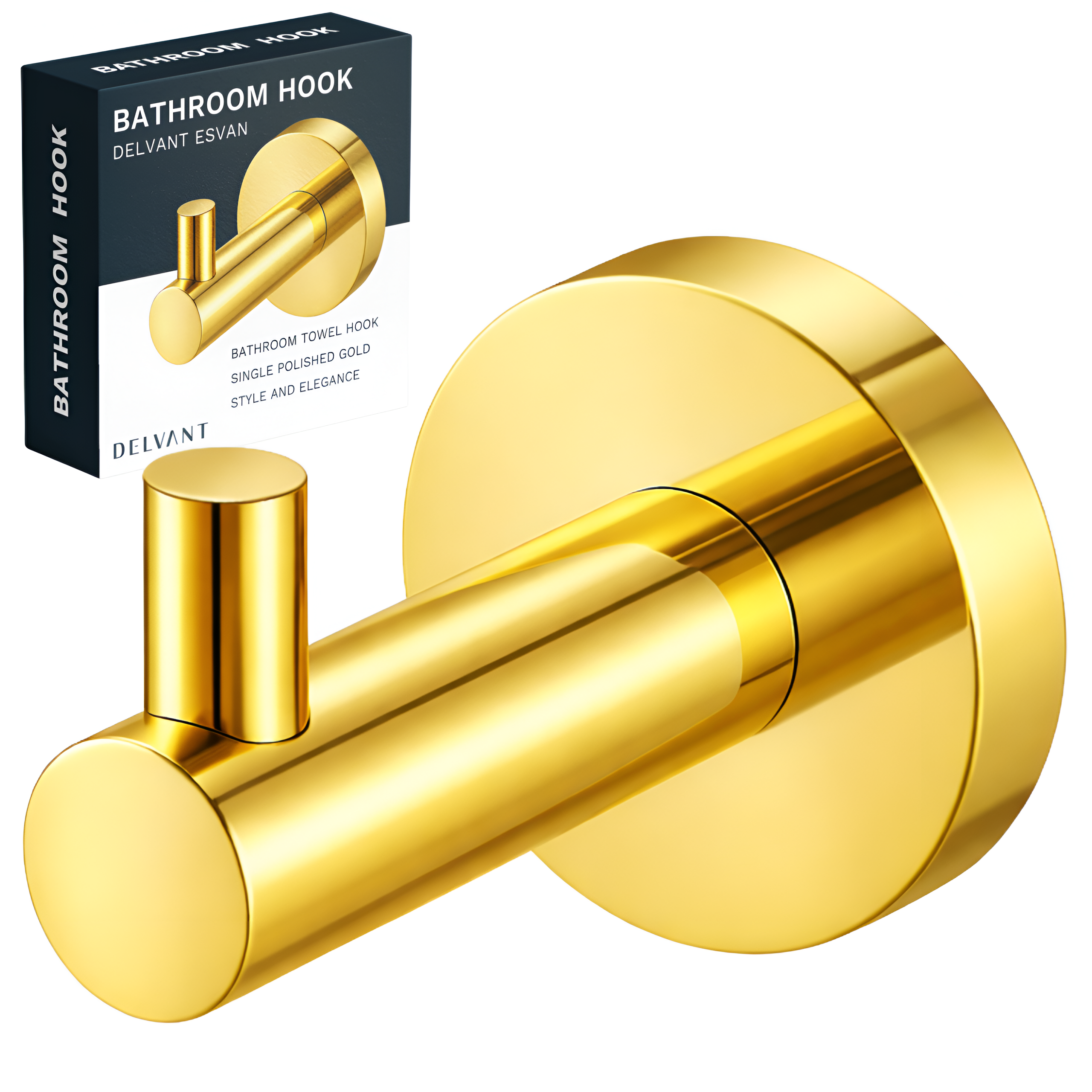Obraz przedstawia złoty, połyskujący wieszak łazienkowy na ręcznik w kształcie haczyka. W tle widoczne jest opakowanie z napisem: \'BATHROOM HOOK DELVANT ESVAN BATHROOM TOWEL HOOK SINGLE POLISHED GOLD STYLE AND ELEGANCE DELVANT\'.