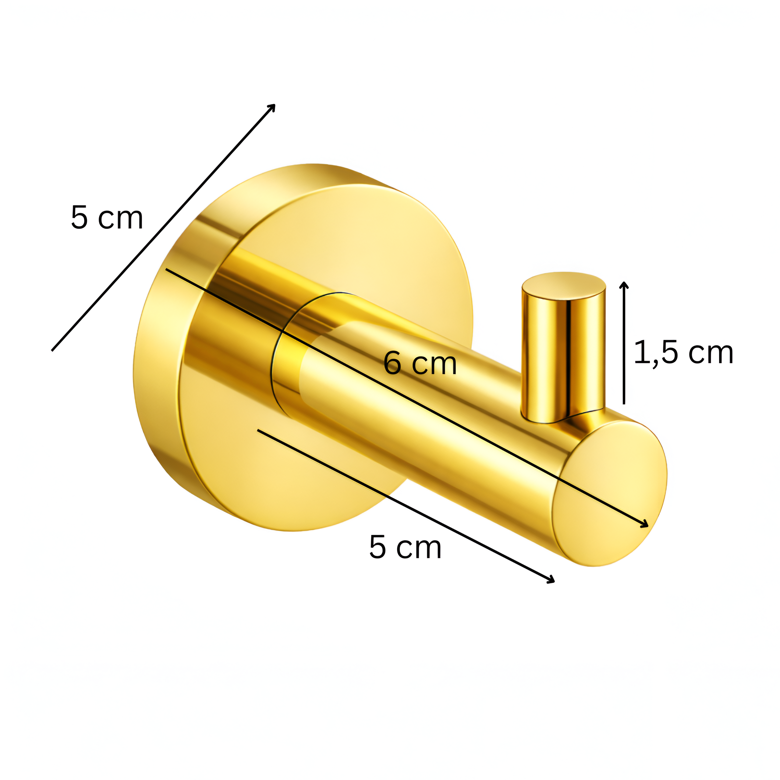 Złoty, połyskujący wieszak łazienkowy na ręcznik z pojedynczym haczykiem, o wymiarach 5 cm, 6 cm i 1,5 cm. Produkt ma okrągłą podstawę i cylindryczny kształt.