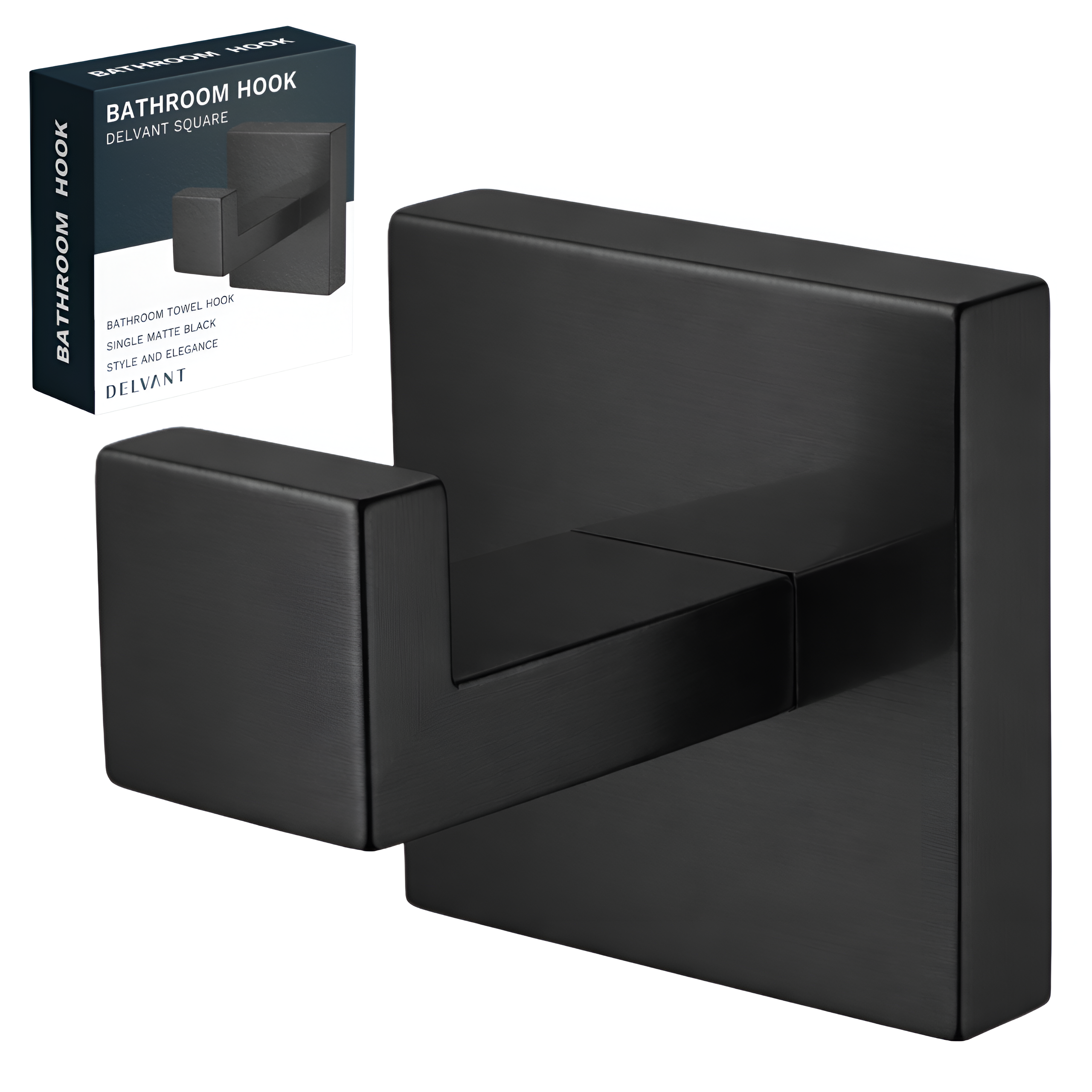 Czarny, matowy wieszak na ręcznik o kwadratowym kształcie. Obok znajduje się opakowanie z napisem: \'BATHROOM HOOK DELVANT SQUARE BATHROOM TOWEL HOOK SINGLE MATTE BLACK STYLE AND ELEGANCE DELVANT\'.