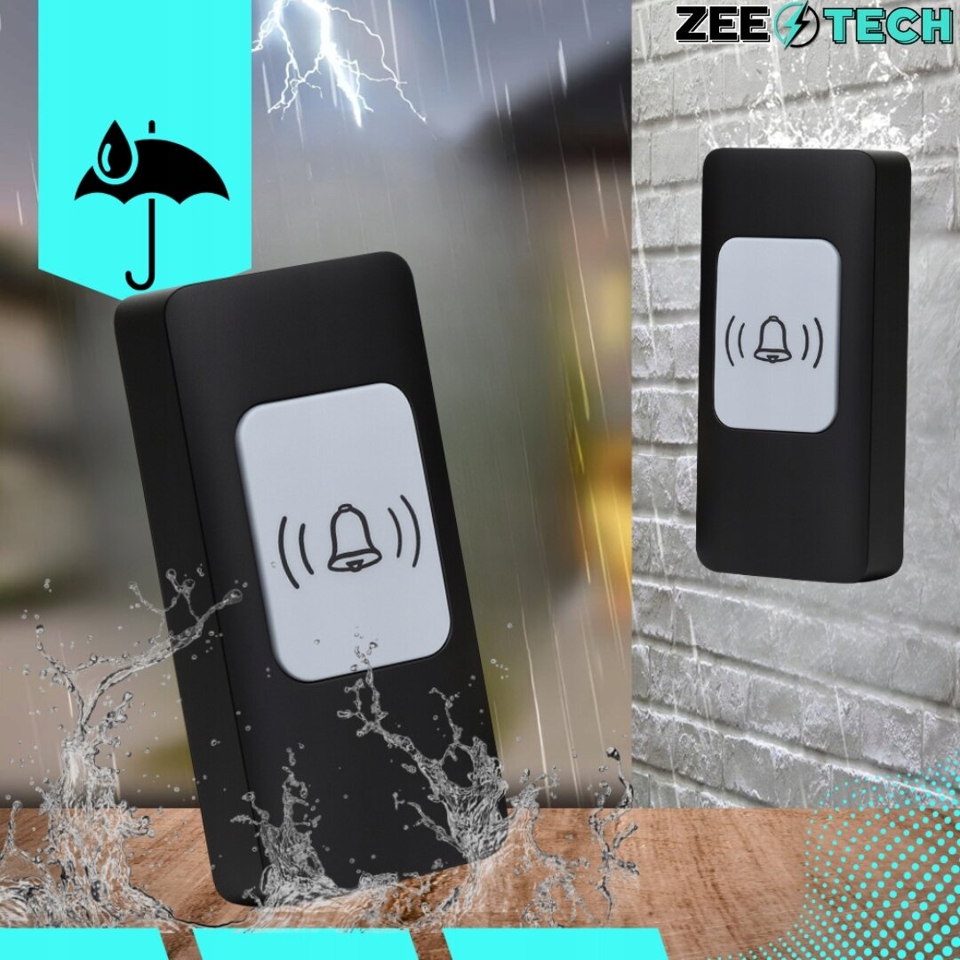 Na obrazie widoczny jest czarny dzwonek bezprzewodowy z białym przyciskiem, na którym znajduje się symbol dzwonka. W tle widać deszcz i błyskawice, a na górze logo \'ZEETECH\'.
