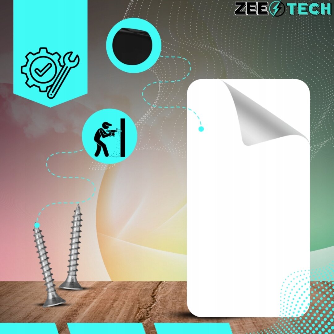 Obraz przedstawia elementy montażowe, takie jak śruby, oraz ikony związane z instalacją. W prawym górnym rogu widoczne jest logo \'ZEETECH\'.