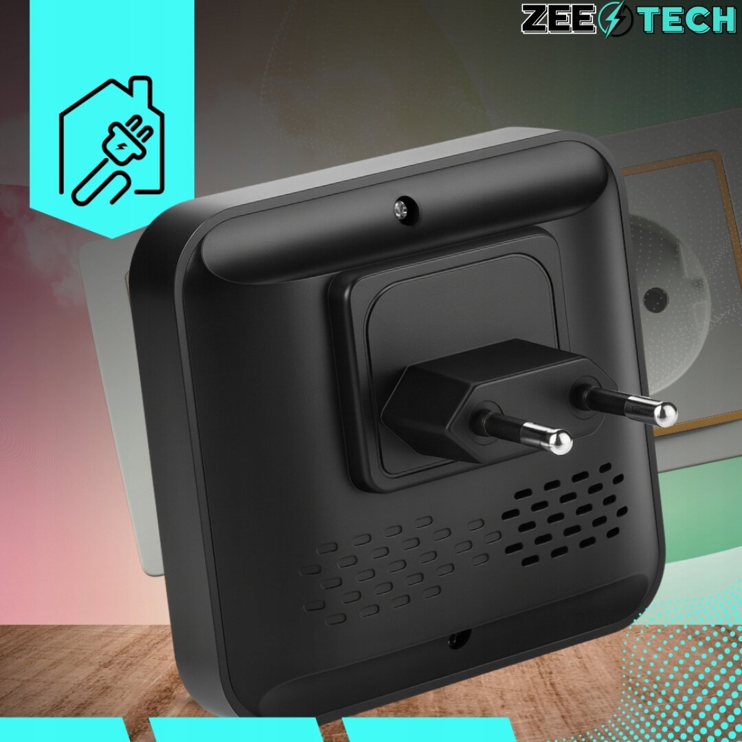 Obraz przedstawia czarny dzwonek bezprzewodowy z wtyczką, umieszczony na tle gniazdka elektrycznego. W lewym górnym rogu widoczne jest logo \'ZEETECH\'.