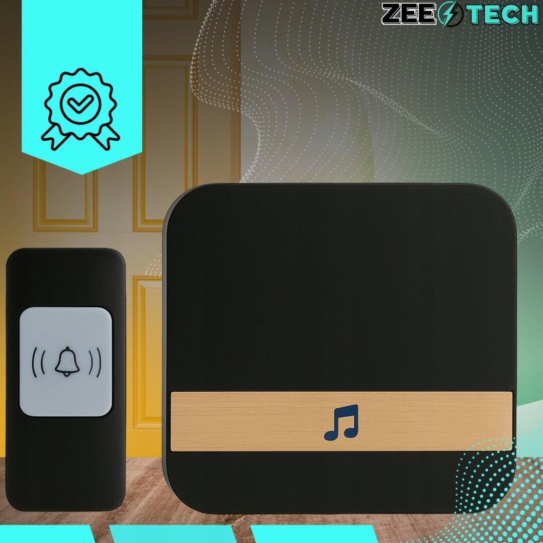 Na obrazie widoczny jest czarny dzwonek bezprzewodowy z białym przyciskiem z symbolem dzwonka oraz większa jednostka z symbolem nuty. W tle znajduje się logo \'ZEETECH\'.