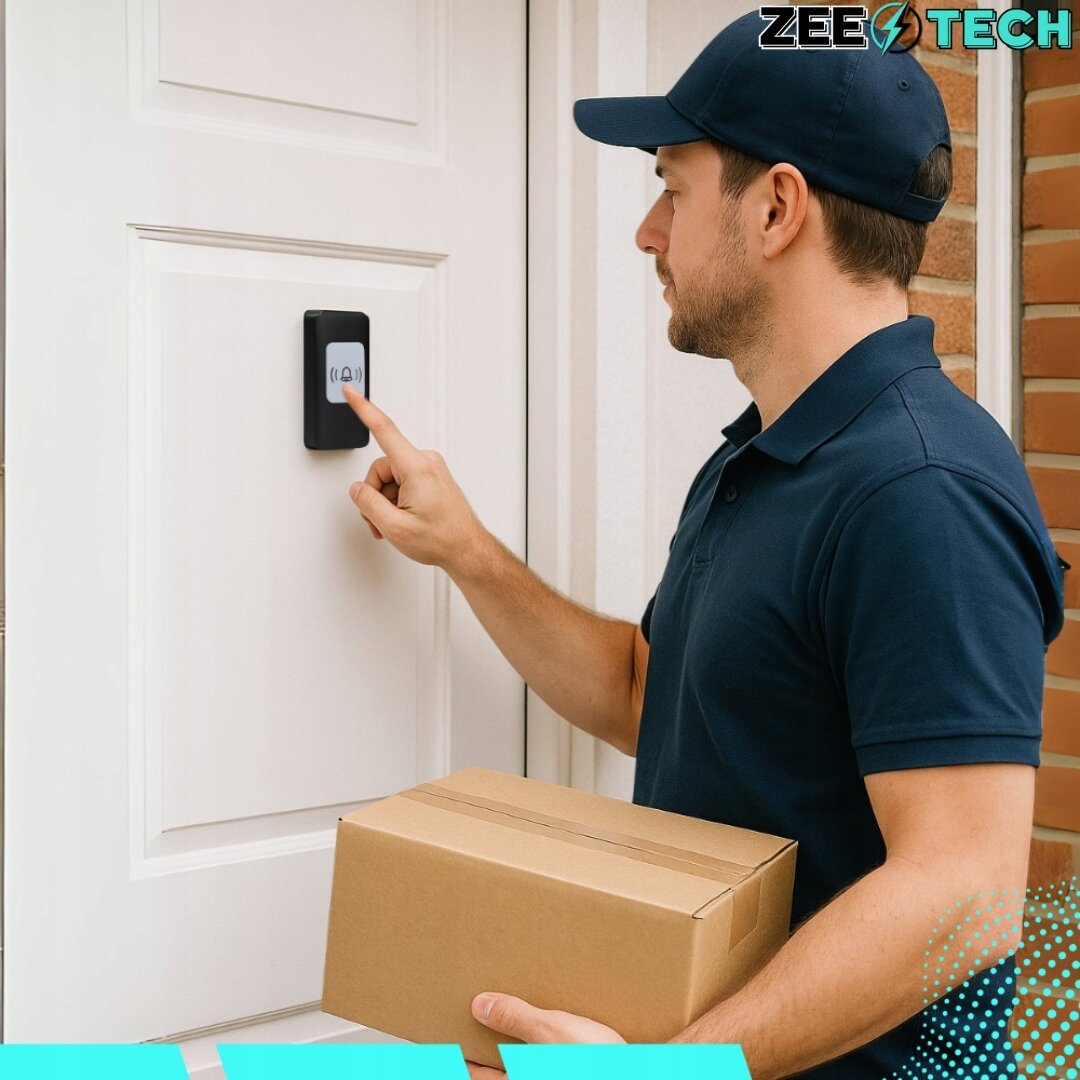 Osoba w czapce i koszulce polo naciska przycisk na dzwonku zamontowanym na drzwiach, trzymając kartonowe pudełko. W górnym rogu widoczne jest logo \'ZEETECH\'.