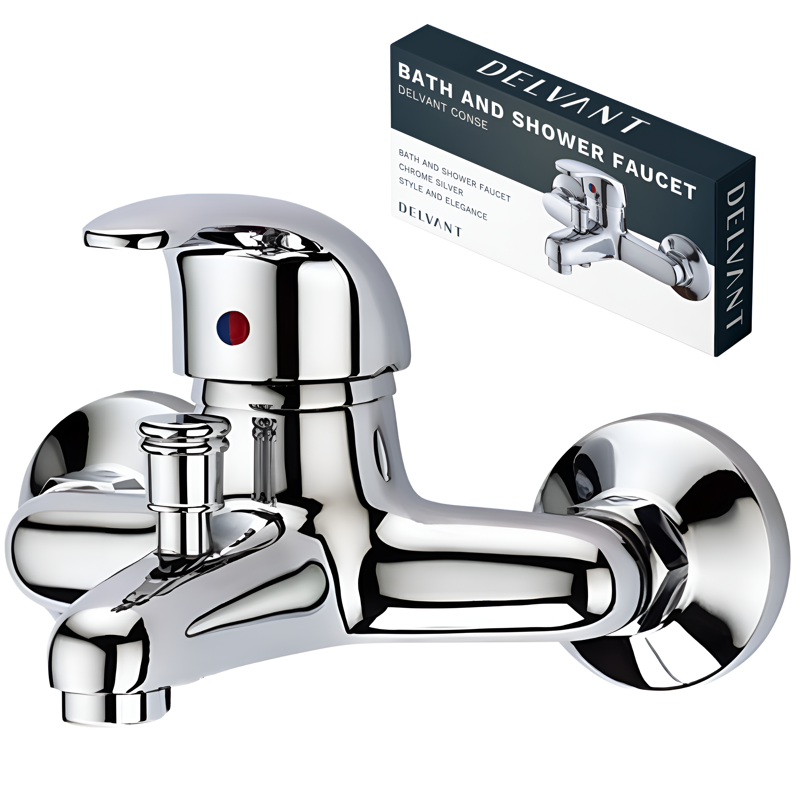 Chromowana bateria wannowo-prysznicowa ścienna z jednym uchwytem i przełącznikiem. W tle widoczne jest opakowanie z napisem: \'DEL VANT BATH AND SHOWER FAUCET DELVANT CONSE\'.