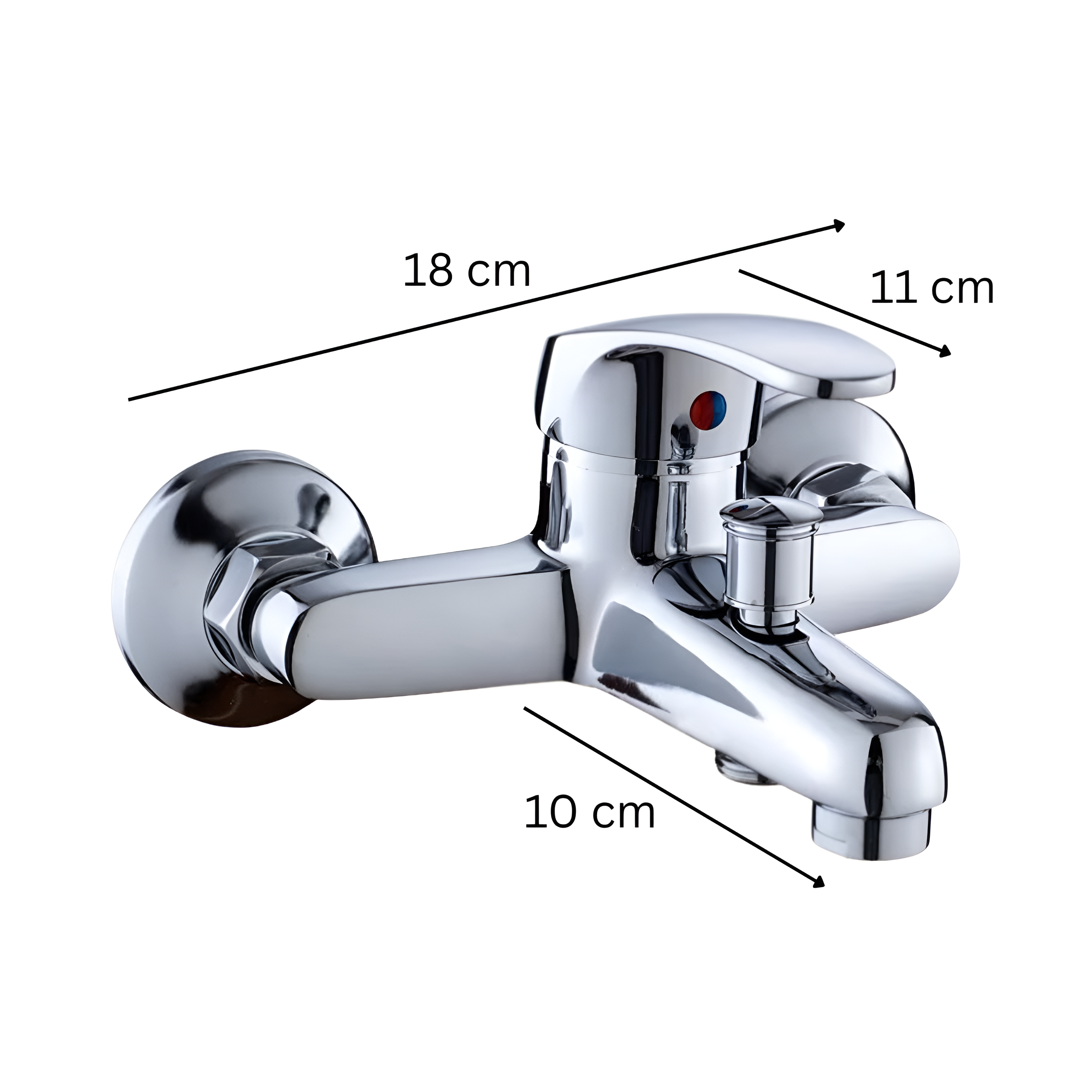 Chromowana bateria wannowo-prysznicowa ścienna z wymiarami: 18 cm, 11 cm i 10 cm. Bateria posiada dźwignię do regulacji wody oraz przełącznik prysznicowy.