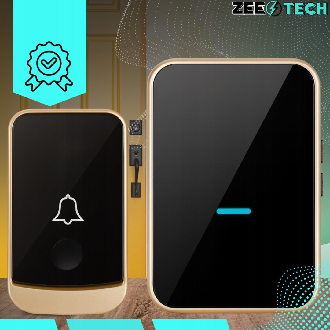 Na obrazie widoczne są dwa urządzenia z czarnymi panelami i złotymi ramkami, jedno z symbolem dzwonka. W prawym górnym rogu znajduje się logo \'ZEETECH\'.