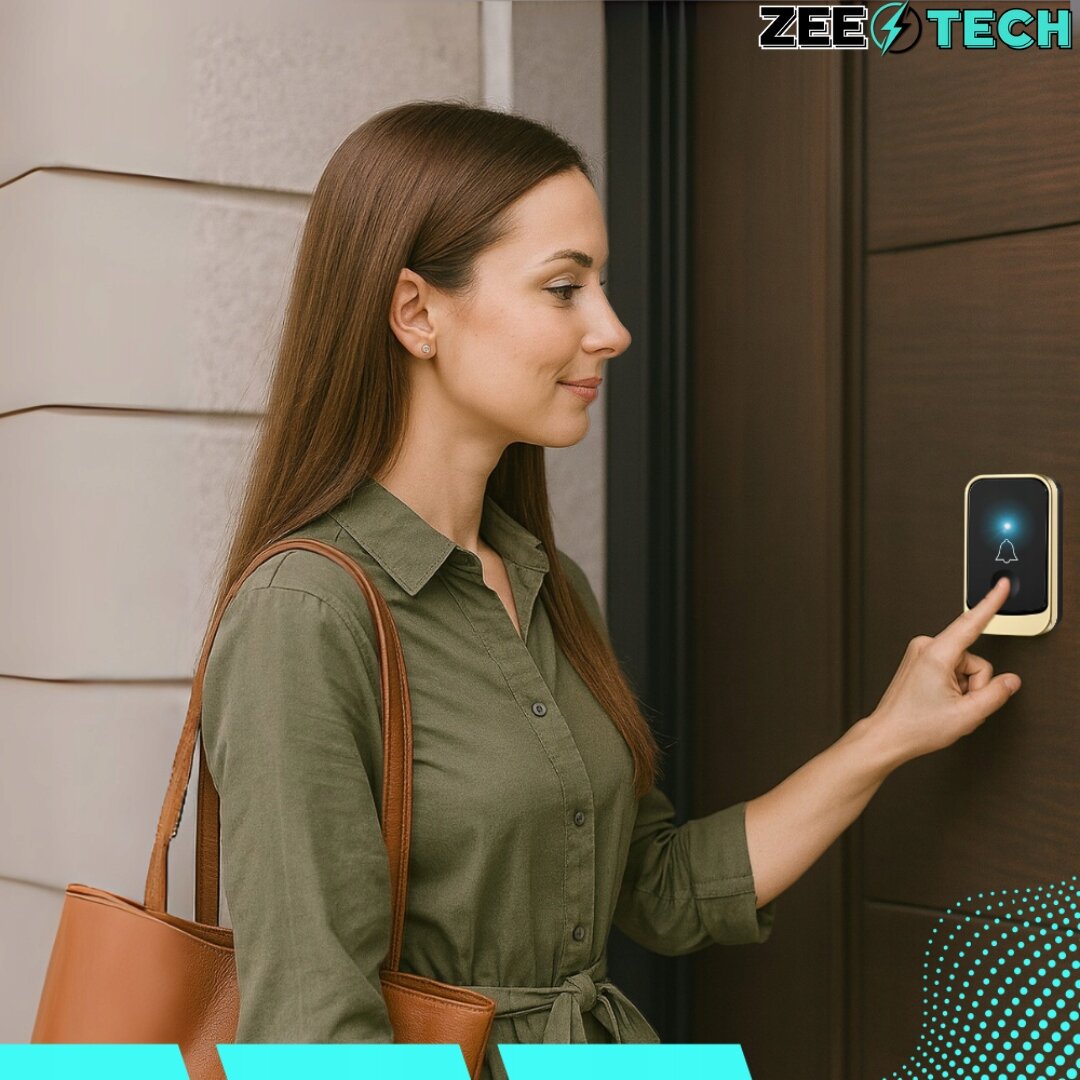 Osoba naciska przycisk na bezprzewodowym dzwonku do drzwi zamontowanym na ścianie. W górnym rogu widoczne jest logo \'ZEETECH\'.