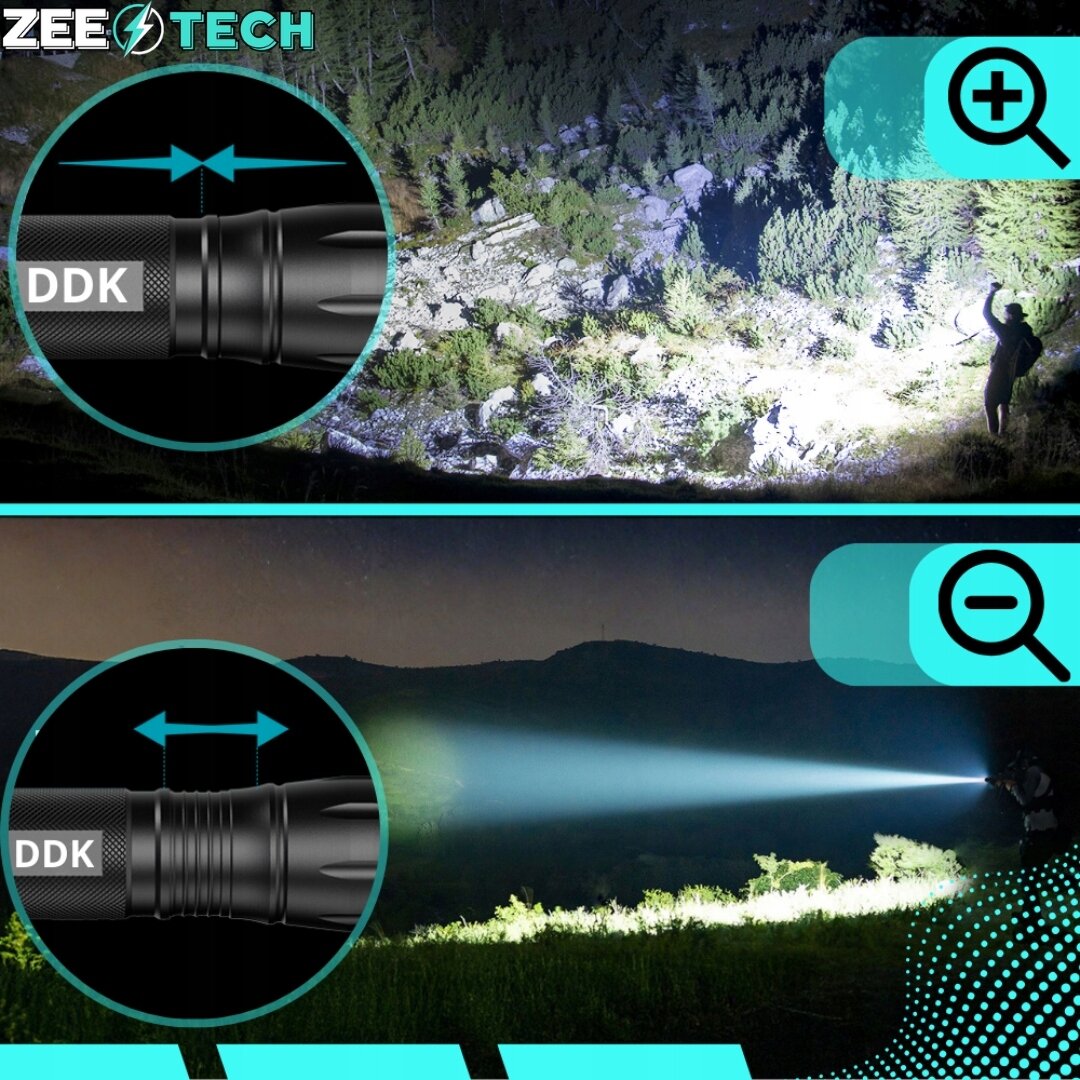 Obraz przedstawia dwa zdjęcia latarki oświetlającej teren w nocy, z widocznym logo ZEE TECH. Na obu zdjęciach widać intensywny strumień światła, a w lewym górnym rogu znajduje się powiększenie fragmentu latarki z napisem \'DDK\'.