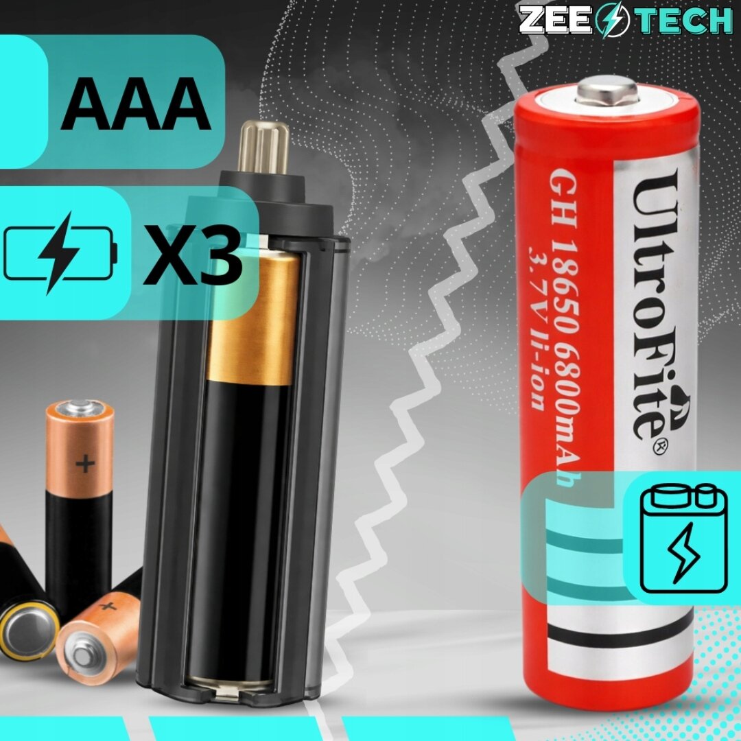 Obraz przedstawia baterie AAA oraz akumulator UltraFite GH 18650 6800mAh 3.7V li-ion. W tle widoczne jest logo ZEE TECH.