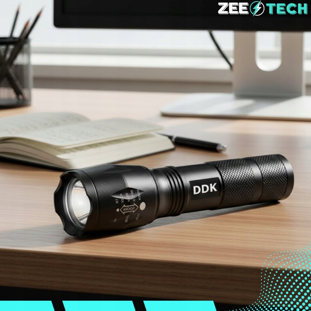 Na drewnianym biurku leży czarna latarka z napisem \'DDK\', obok otwartego notesu i długopisu. W tle widoczny jest monitor, a w prawym górnym rogu logo \'ZEETECH\'.