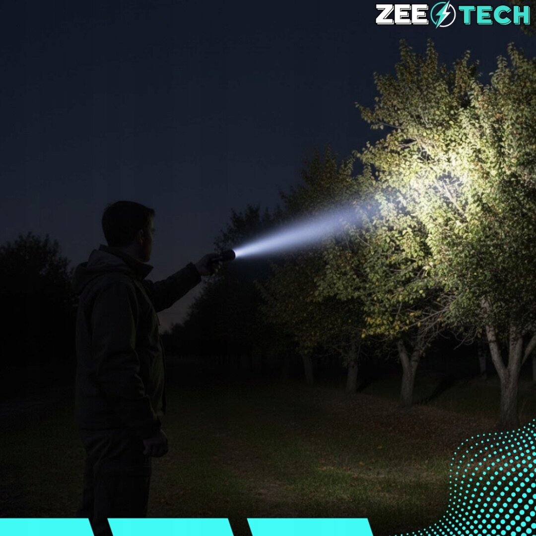 Osoba trzyma latarkę, której światło oświetla drzewo w nocy. W prawym górnym rogu widoczne jest logo \'ZEETECH\'.
