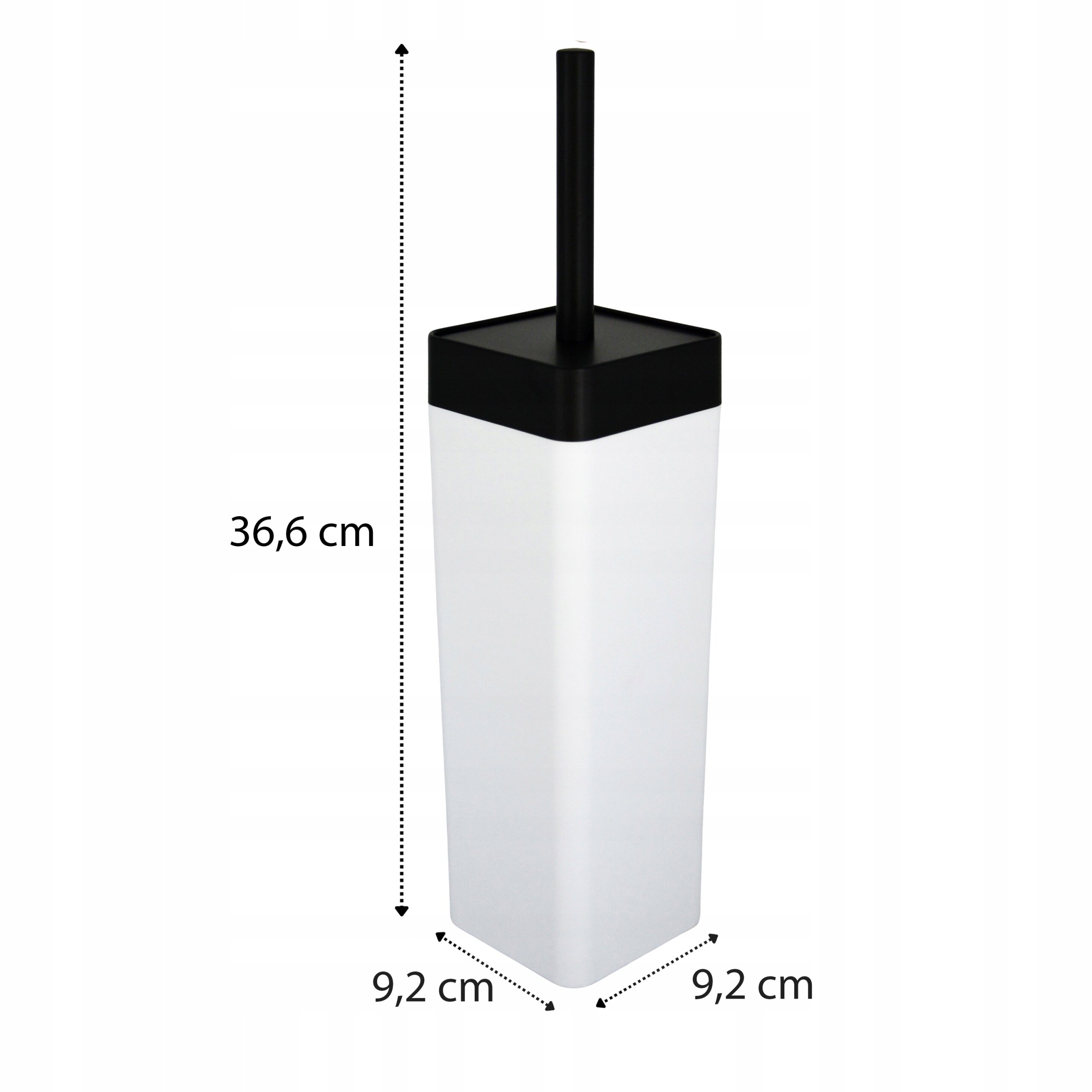 Biała szczotka WC z czarnym wykończeniem, o wymiarach 36,6 cm wysokości i 9,2 cm szerokości podstawy. Produkt jest wolnostojący.