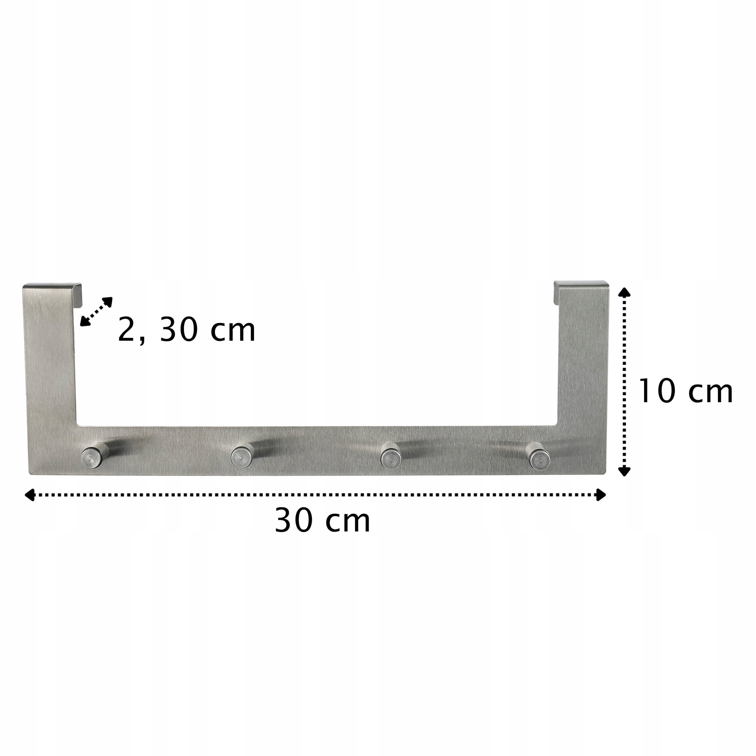Srebrny wieszak na ubrania zakładany na drzwi, z czterema haczykami. Wymiary: 30 cm szerokości, 10 cm wysokości, 2 cm głębokości.