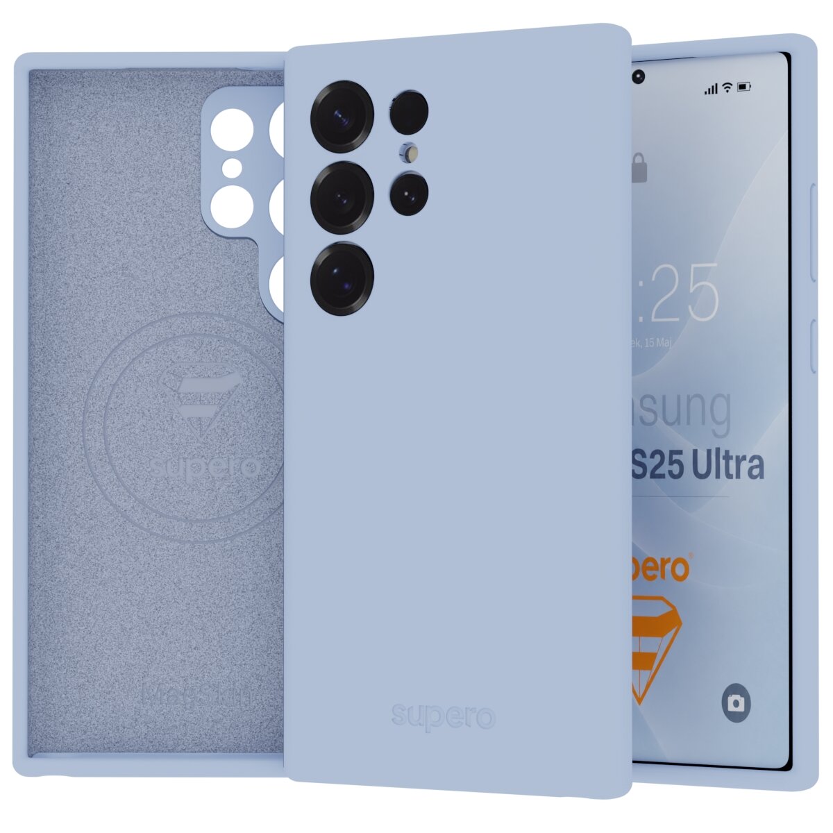 Na obrazie widoczne jest jasnoniebieskie silikonowe etui na telefon z wycięciami na aparat. Na wewnętrznej stronie etui znajduje się logo \'supero\'.