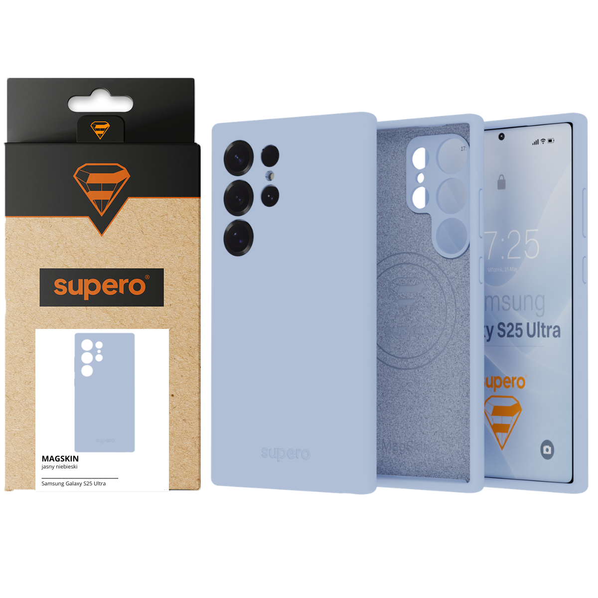 Na obrazie widoczne jest jasnoniebieskie etui silikonowe do telefonu Samsung Galaxy S25 Ultra oraz jego opakowanie z logo \'supero\'.