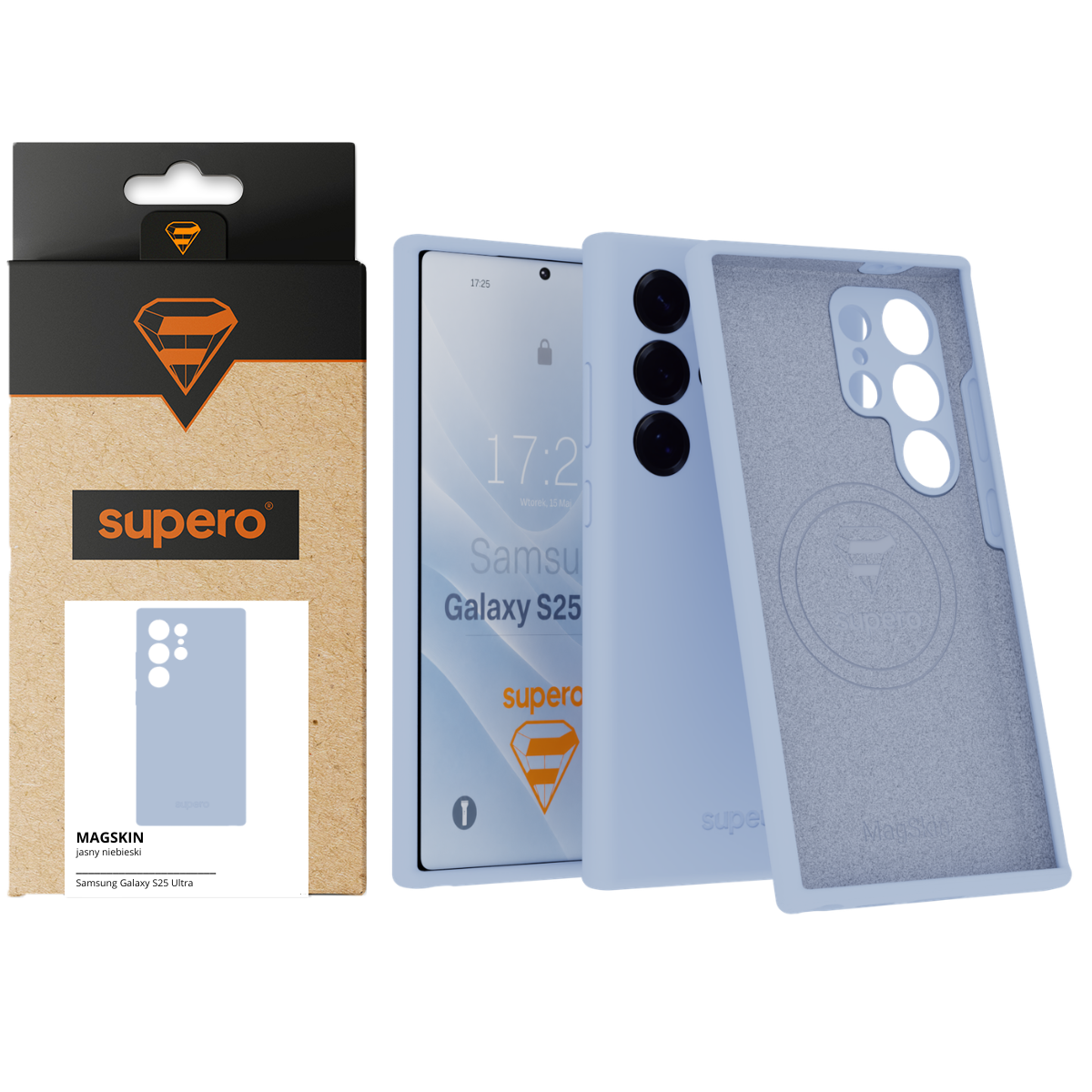 Na obrazie widoczne jest jasnoniebieskie etui silikonowe do telefonu Samsung Galaxy S25 Ultra oraz jego opakowanie z logo \'supero\'. Na ekranie telefonu widoczny jest napis \'Samsung Galaxy S25 Ultra\' oraz godzina 17:25.