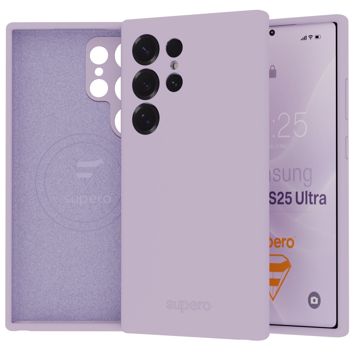 Fioletowe etui silikonowe z wycięciami na aparaty, obok telefonu z widocznym ekranem z napisem \'Samsung S25 Ultra\'. Na etui widoczne jest logo \'supero\'.