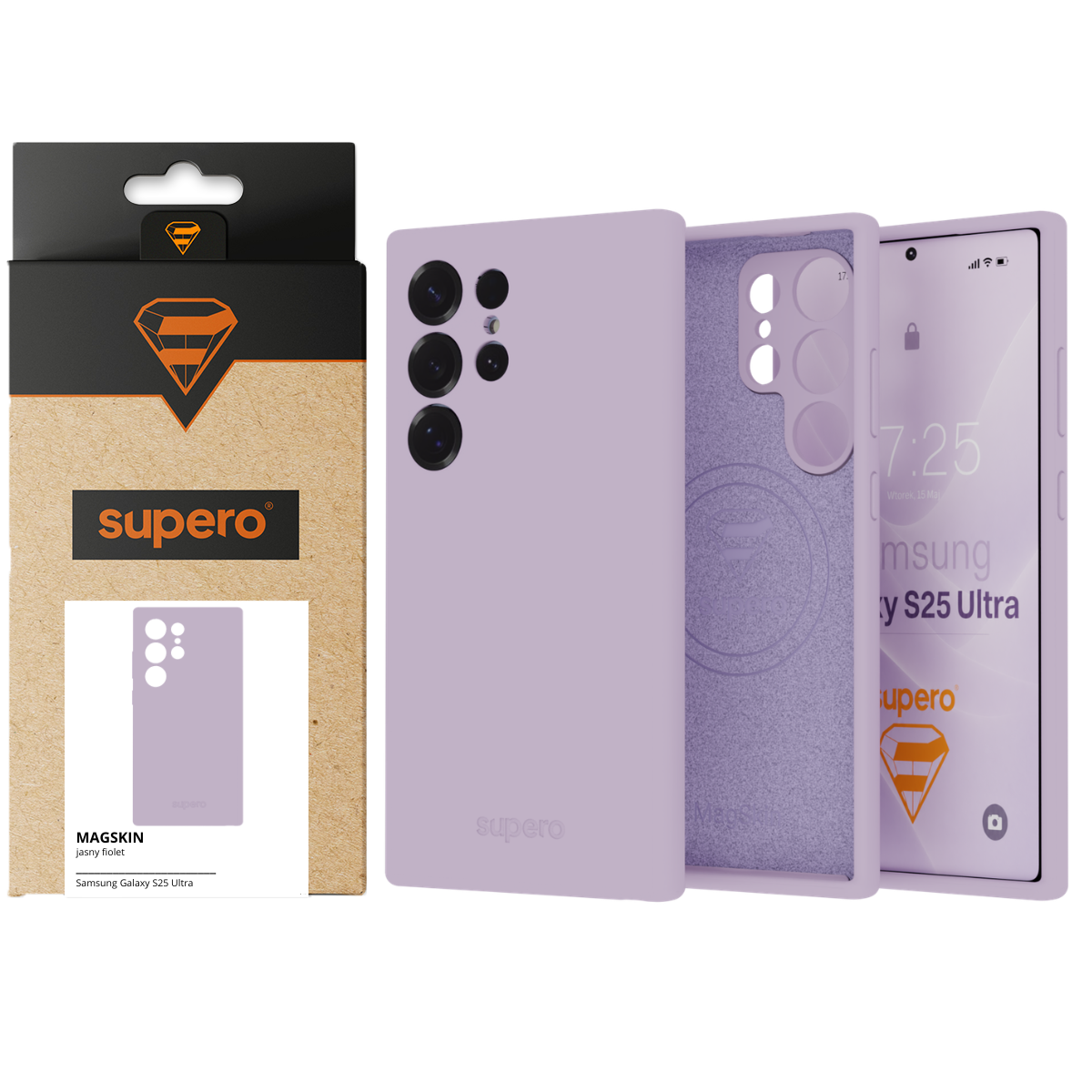 Obraz przedstawia fioletowe etui silikonowe do telefonu z wycięciami na aparat i przyciski. Obok znajduje się opakowanie z logo \'supero\' i napisem \'MAGSKIN jasny fiolet Samsung Galaxy S25 Ultra\'.
