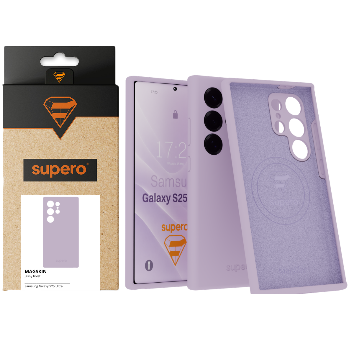 Obraz przedstawia jasnofioletowe etui silikonowe do telefonu Samsung Galaxy S25 Ultra z trzema otworami na aparaty. Opakowanie produktu ma logo \'supero\' i napis \'MAGSKIN jasny fiolet Samsung Galaxy S25 Ultra\'.