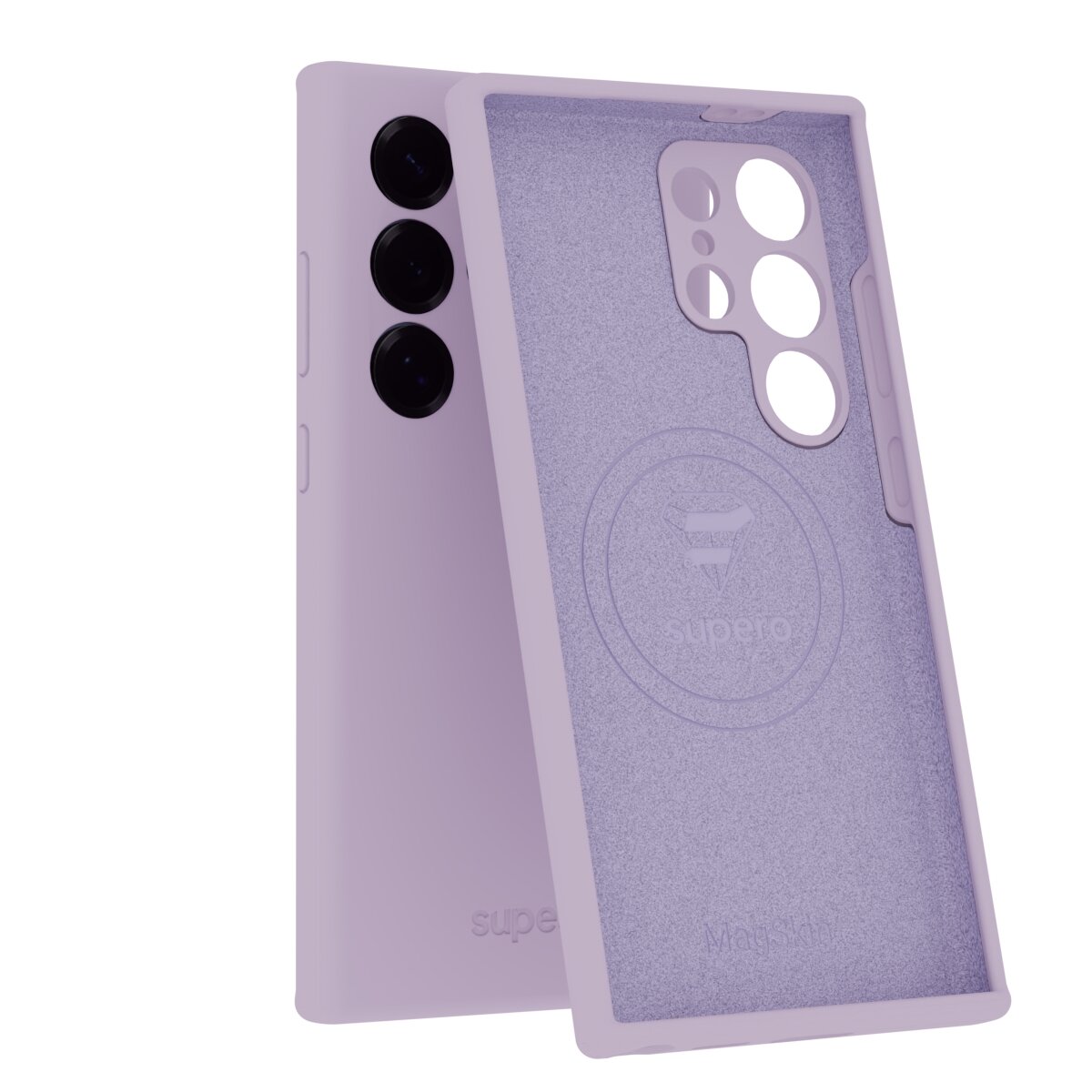 Fioletowe etui silikonowe z wycięciami na aparat i przyciski, z widocznym logo \'superio\' wewnątrz. Etui jest przeznaczone do telefonu z trzema obiektywami aparatu.