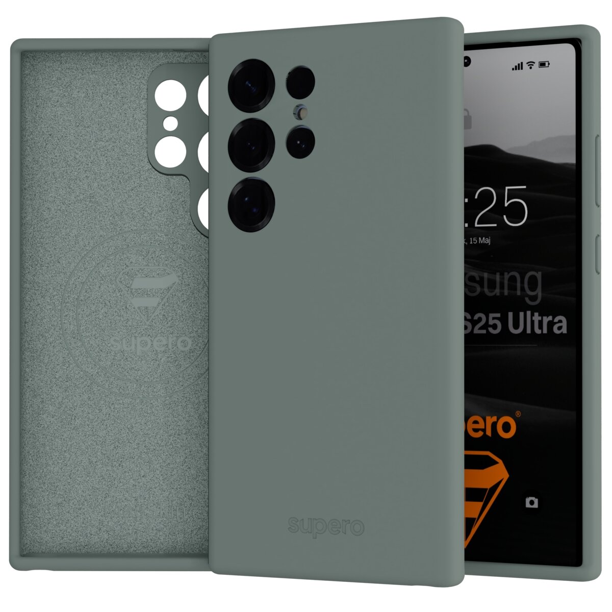 Silikonowe etui w kolorze szarym z wycięciami na aparat, obok widoczny telefon z ekranem wyświetlającym godzinę 15:25 i napis \'Samsung S25 Ultra\'. Na etui znajduje się logo \'supero\'.