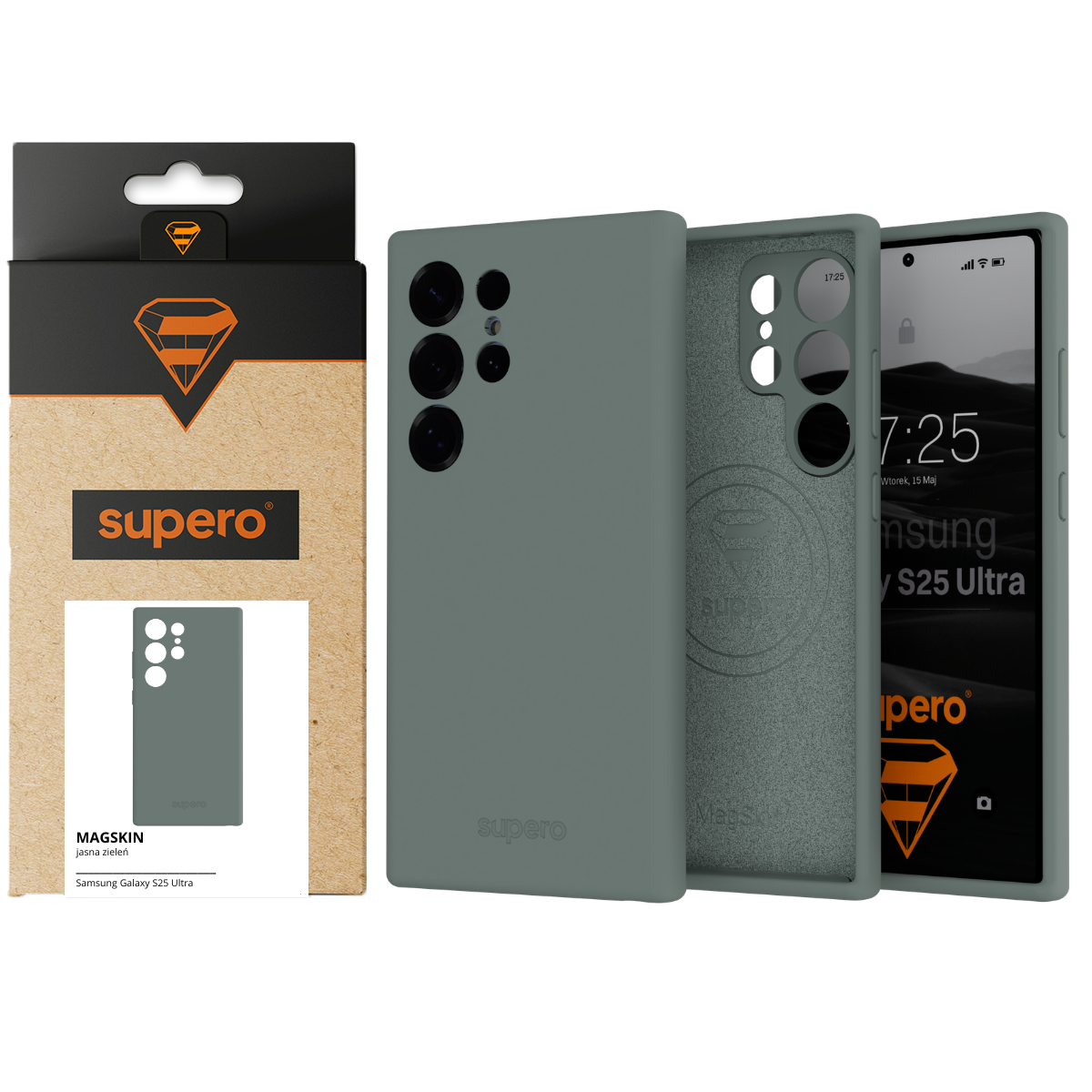 Obraz przedstawia silikonowe etui w kolorze jasnej zieleni do telefonu Samsung Galaxy S25 Ultra, z widocznym logo \'supero\' na opakowaniu. Na ekranie telefonu widoczny jest napis \'Samsung Galaxy S25 Ultra\'.
