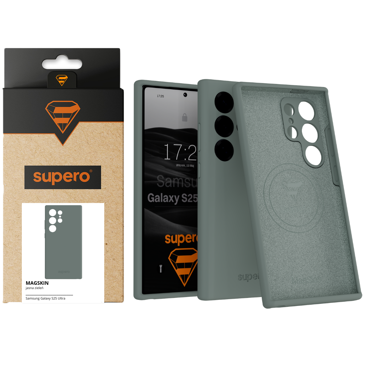 Na obrazie widoczne jest silikonowe etui w kolorze jasnej zieleni, przeznaczone do Samsung Galaxy S25 Ultra, z trzema otworami na aparaty. Obok znajduje się opakowanie z logo \'supero\' i napisem \'MAGSKIN jasna zieleń\'.