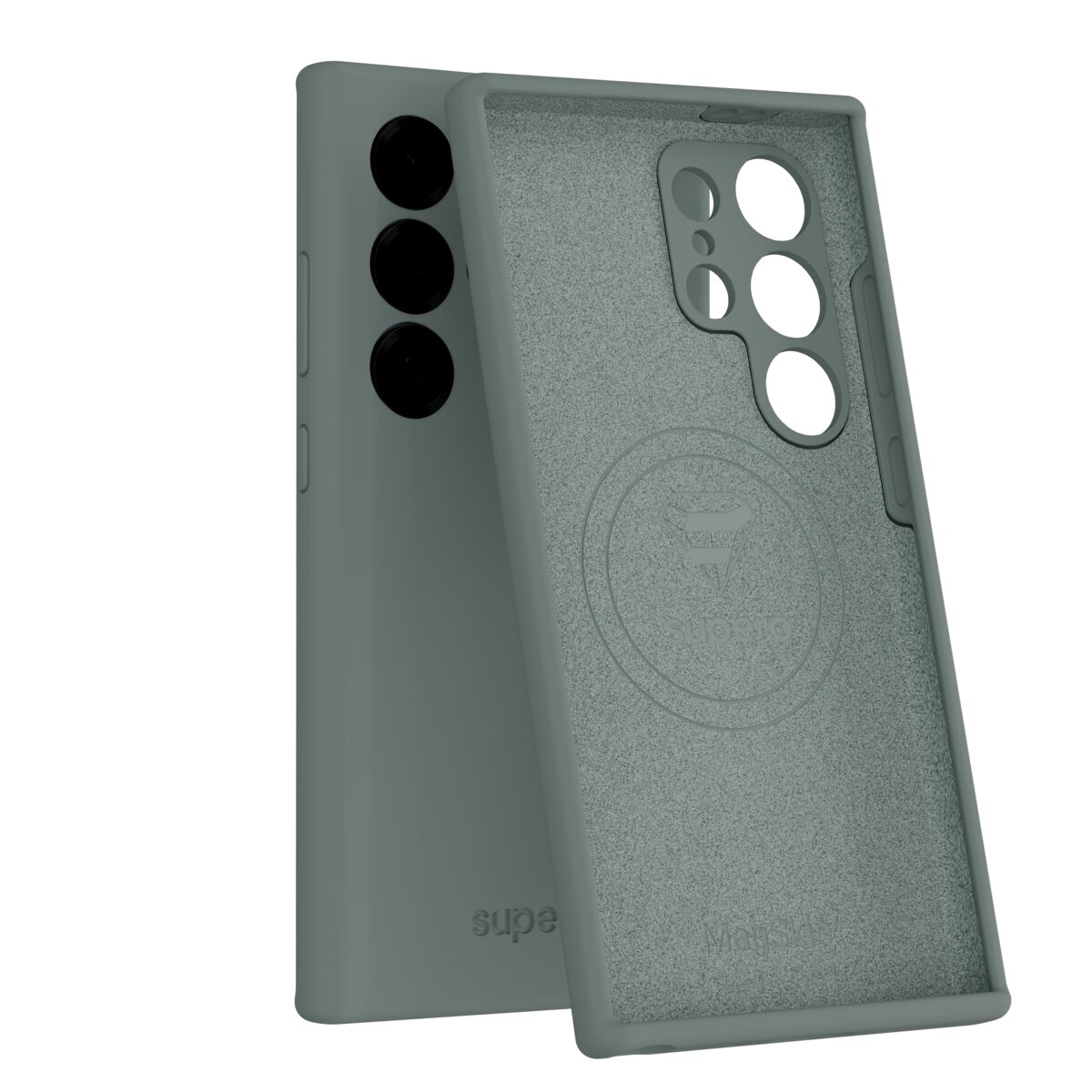 Silikonowe etui w kolorze szarym z wycięciami na aparat i przyciski, posiada wewnętrzne logo producenta. Etui jest przeznaczone do telefonu Samsung Galaxy S25 Ultra.