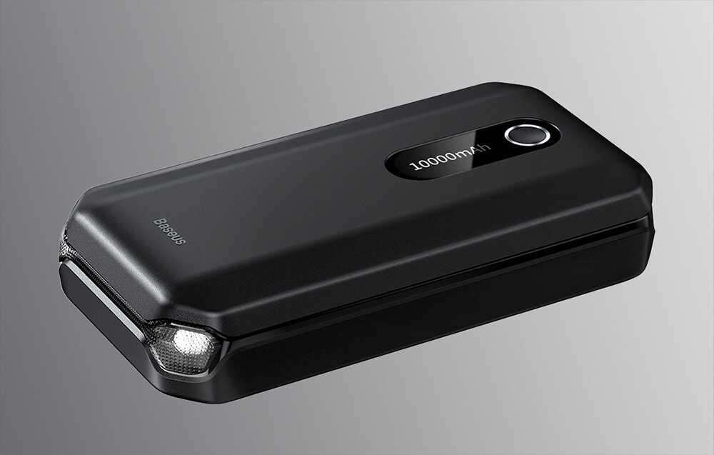 Czarny powerbank z wyświetlaczem pokazującym \'10000mAh\' i logo \'Baseus\' na obudowie.