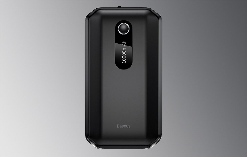 Czarny powerbank z napisem \'10000mAh\' i logo \'Baseus\' na przedniej stronie, na szarym tle.