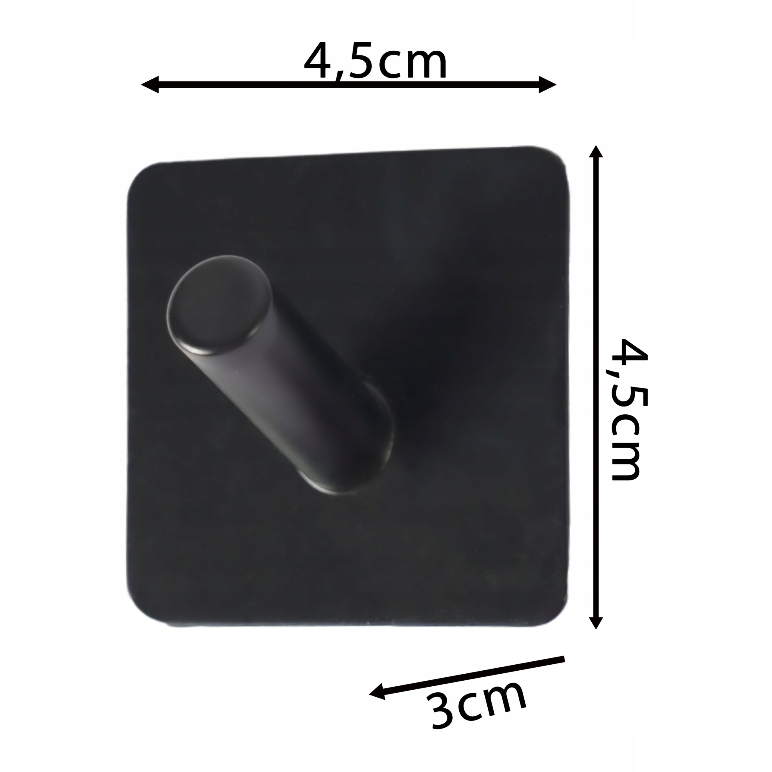 Czarny, prostokątny haczyk ścienny z wystającym cylindrycznym elementem. Wymiary to 4,5 cm na 4,5 cm, z dodatkowym oznaczeniem 3 cm.