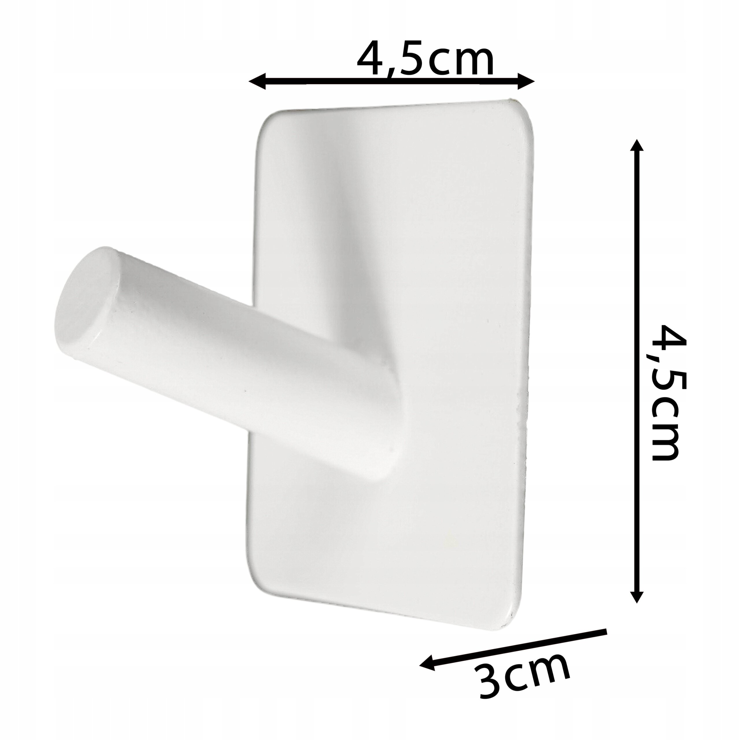 Biały, prostokątny haczyk ścienny z wystającym cylindrycznym uchwytem. Wymiary to 4,5 cm x 4,5 cm x 3 cm.