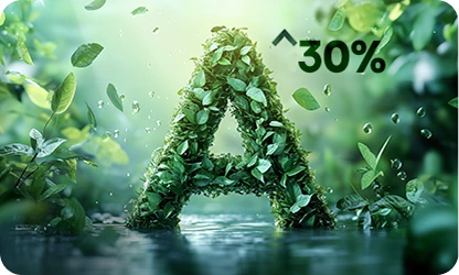 Duża litera \'A\' pokryta zielonymi liśćmi, otoczona roślinnością i wodą. Obok znajduje się napis \'^30%\'.