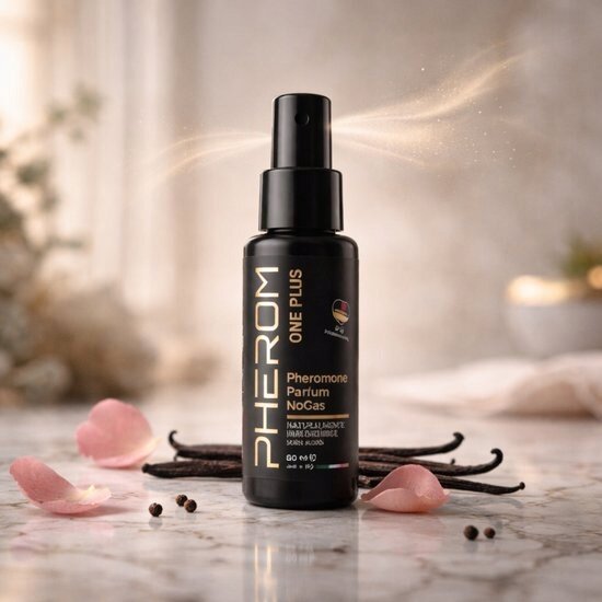 Czarna butelka perfum z napisem \'PHEROM ONE PLUS Pheromone Parfum NoGas\' stoi na marmurowej powierzchni, otoczona płatkami róż i laskami wanilii. W tle widoczne są rozmyte elementy dekoracyjne.