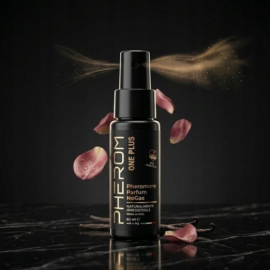 Czarna butelka perfum z napisem \'PHEROM ONE PLUS Pheromone Parfum NoGas\' oraz \'NATURALMENTE IRRESISTIBLE SANS ALCOOL 60 ml e\'. Wokół unoszą się płatki róż i delikatna mgiełka.