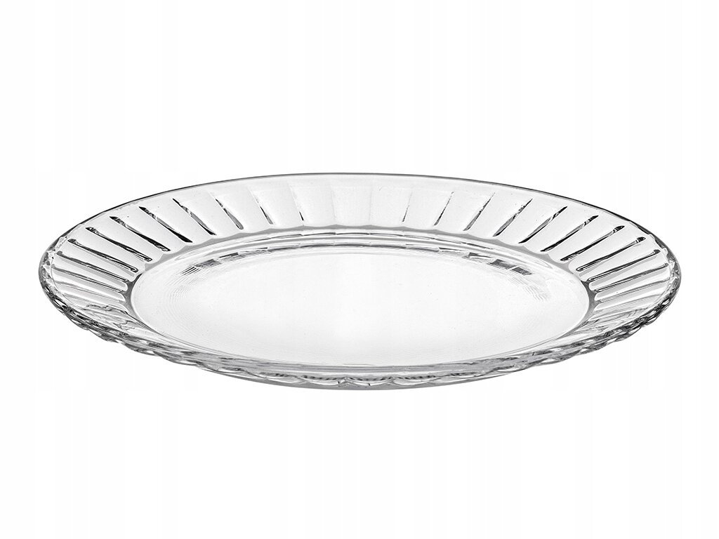Przezroczysty szklany talerz o średnicy 19 cm z eleganckim wzorem na brzegu. Talerz jest płaski i przeznaczony do serwowania deserów.