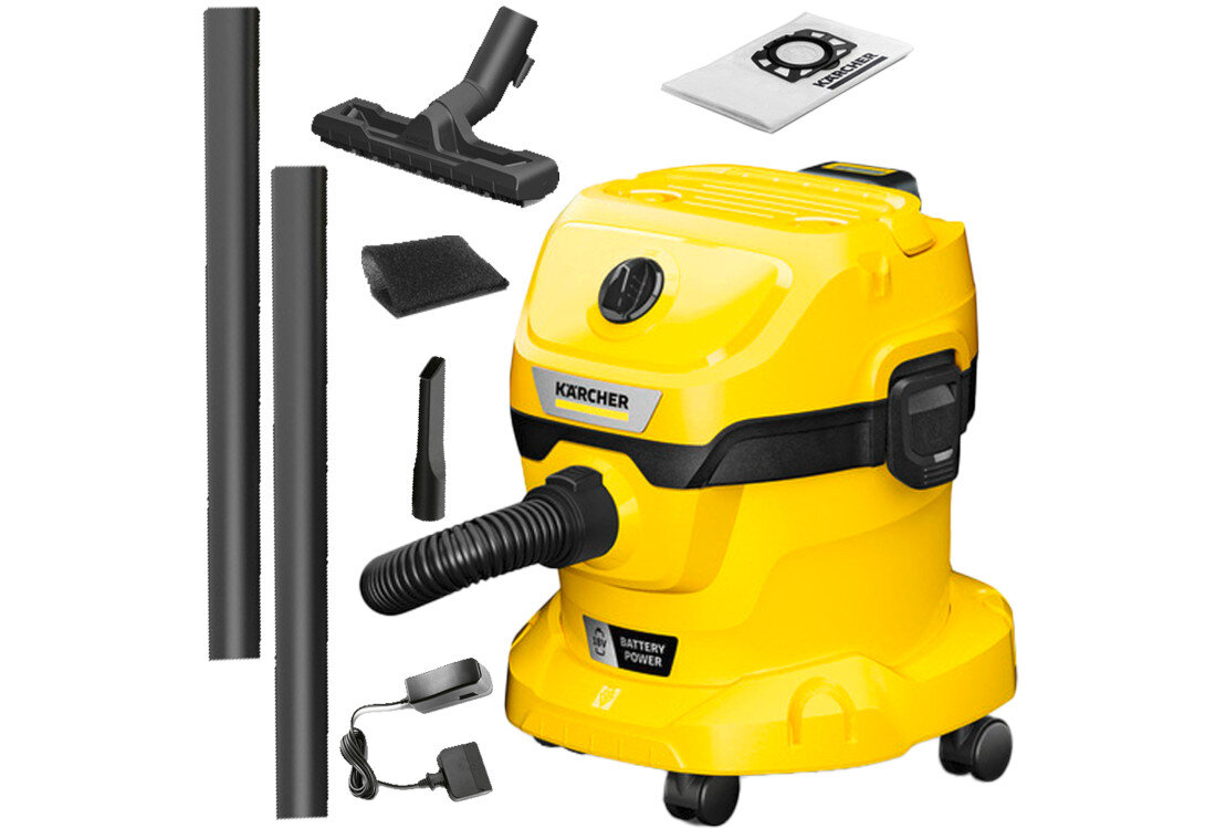 Żółty odkurzacz KARCHER z logo, wyposażony w różne akcesoria, takie jak wąż, rury, szczotki i ładowarka. Widoczny jest również worek filtracyjny z napisem \'FILTER BAG\'.