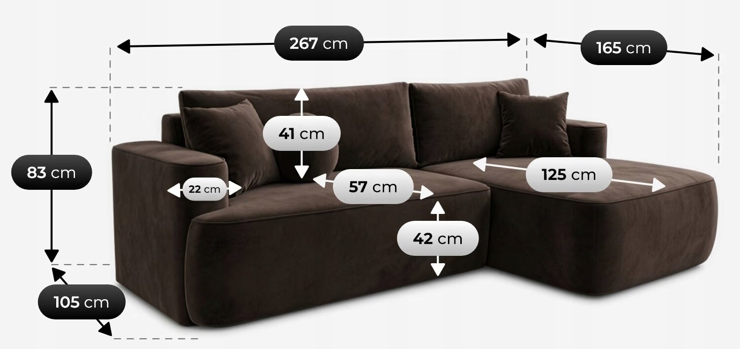 Brązowy narożnik rozkładany z funkcją spania, z poduszkami, o wymiarach: 267 cm szerokości, 165 cm długości, 83 cm wysokości, 105 cm głębokości. Dodatkowe wymiary to 41 cm wysokości siedziska, 57 cm głębokości siedziska, 42 cm wysokości oparcia, 125 cm długości szezlonga i 22 cm szerokości podłokietnika.