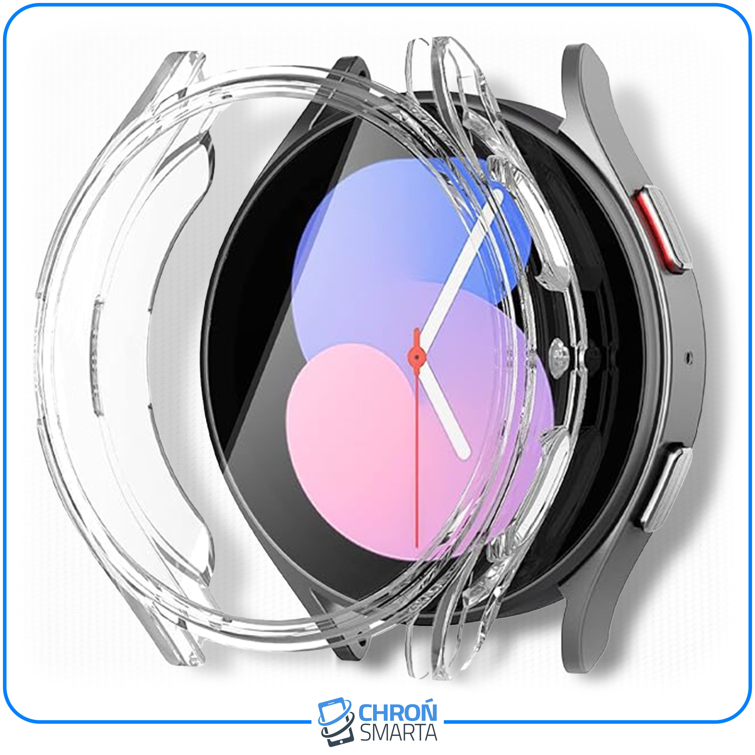 Obraz przedstawia przezroczyste etui ochronne na smartwatch, z widocznym kolorowym wyświetlaczem zegarka. Na dole znajduje się logo \'CHROŃ SMARTA\'.