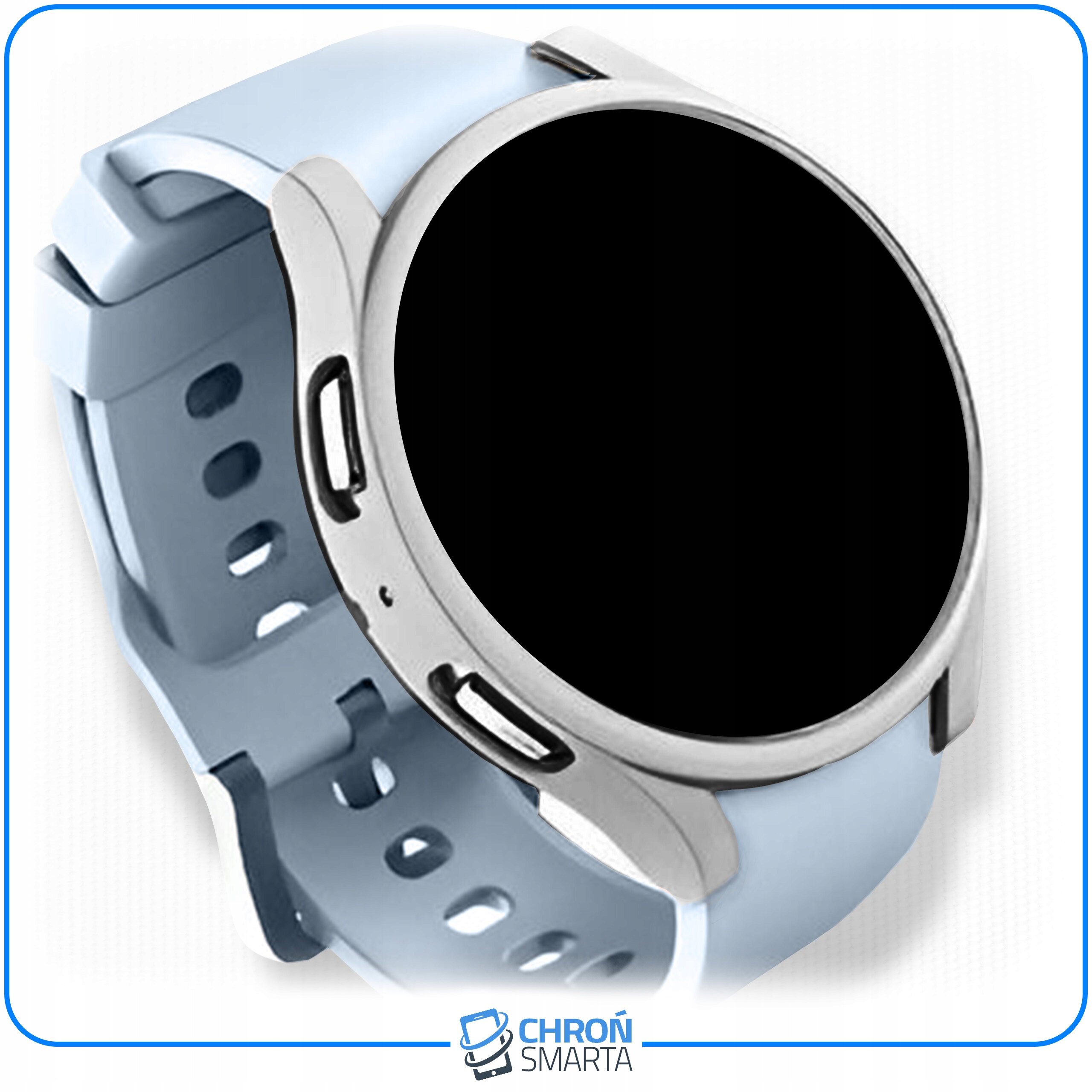 Na obrazie widoczny jest smartwatch z jasnoniebieskim paskiem i metalową obudową. Na dole znajduje się logo \'CHROŃ SMARTA\'.